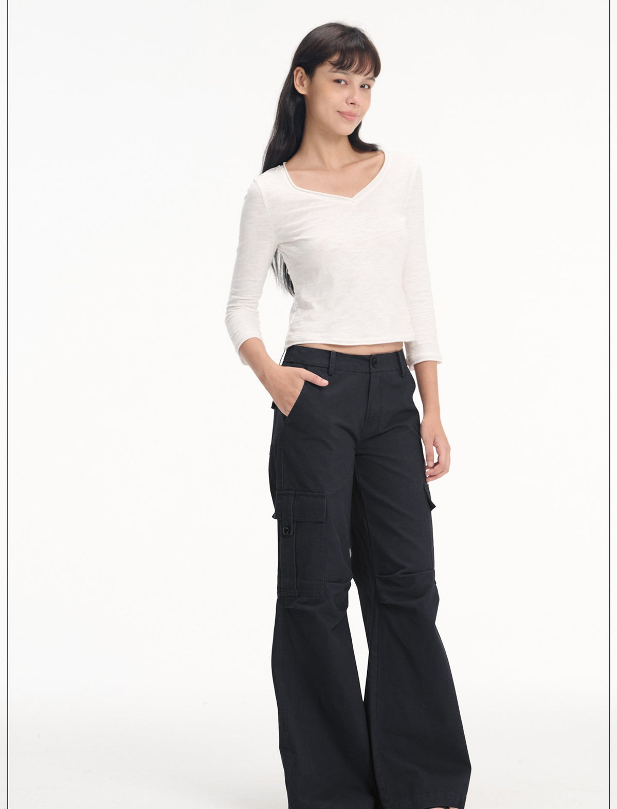Slub Roll-Up V Neck Top (3color)