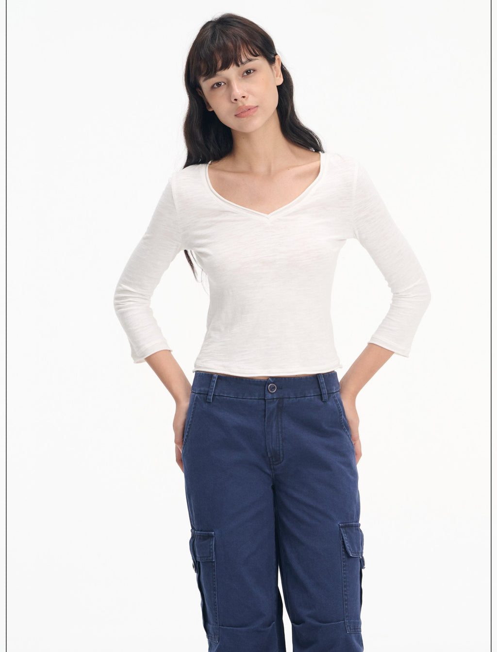 Slub Roll-Up V Neck Top (3color)