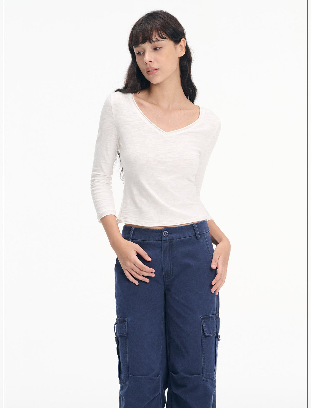 Slub Roll-Up V Neck Top (3color)