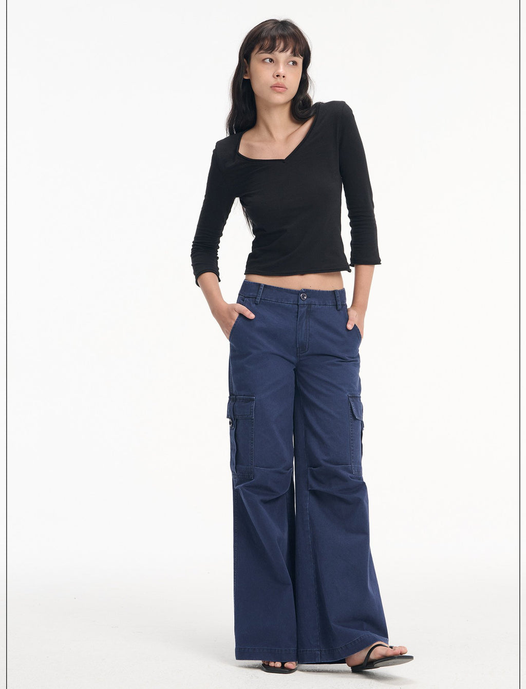 Slub Roll-Up V Neck Top (3color)