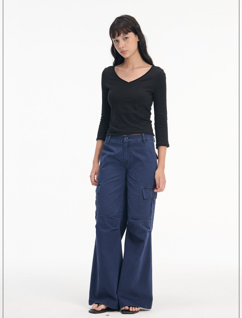 Slub Roll-Up V Neck Top (3color)