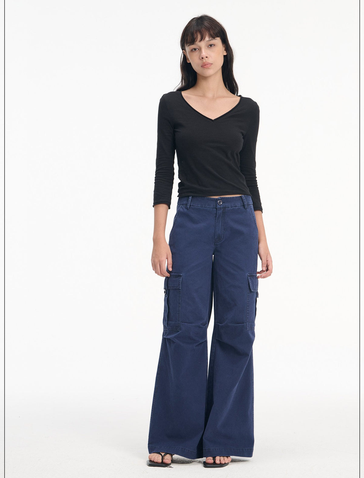 Slub Roll-Up V Neck Top (3color)