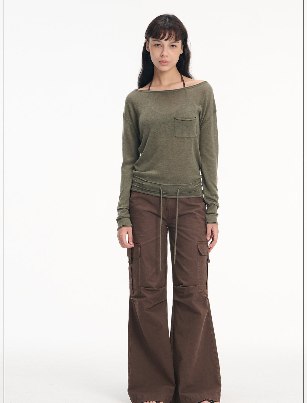 Drawstring Pocket Boatneck Top