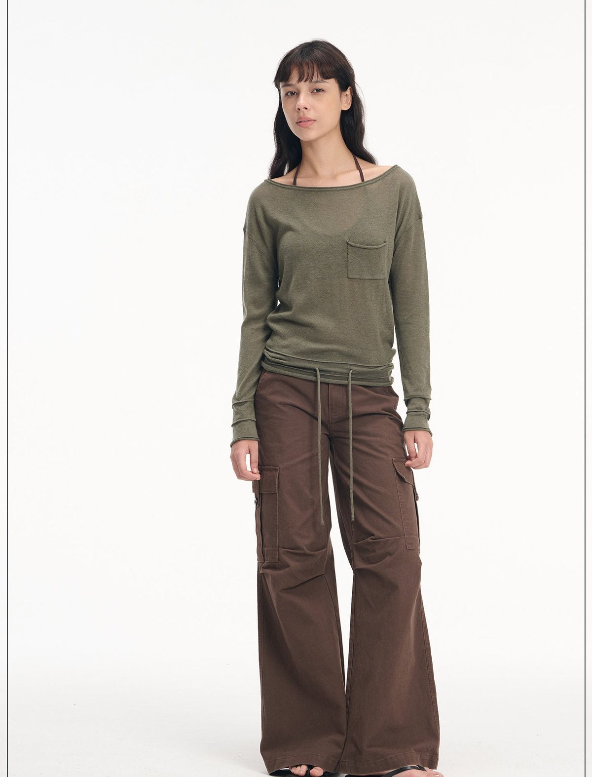 Drawstring Pocket Boatneck Top