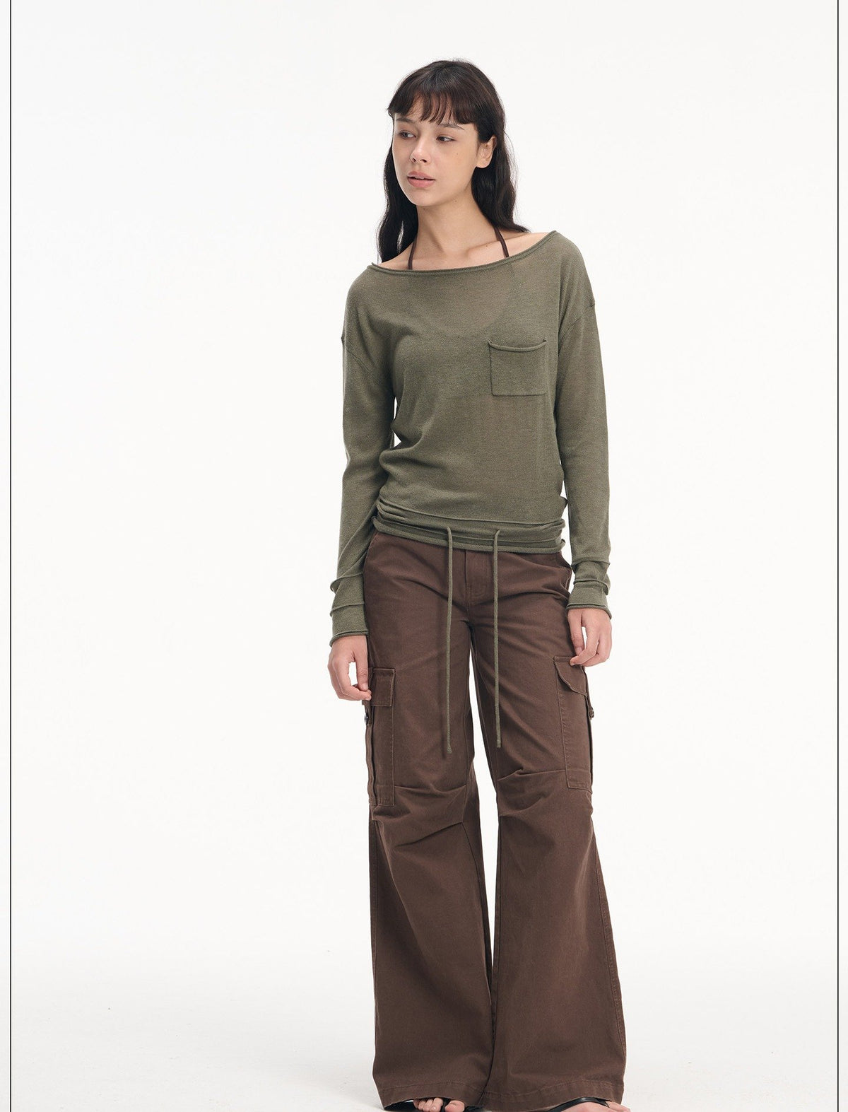 Drawstring Pocket Boatneck Top