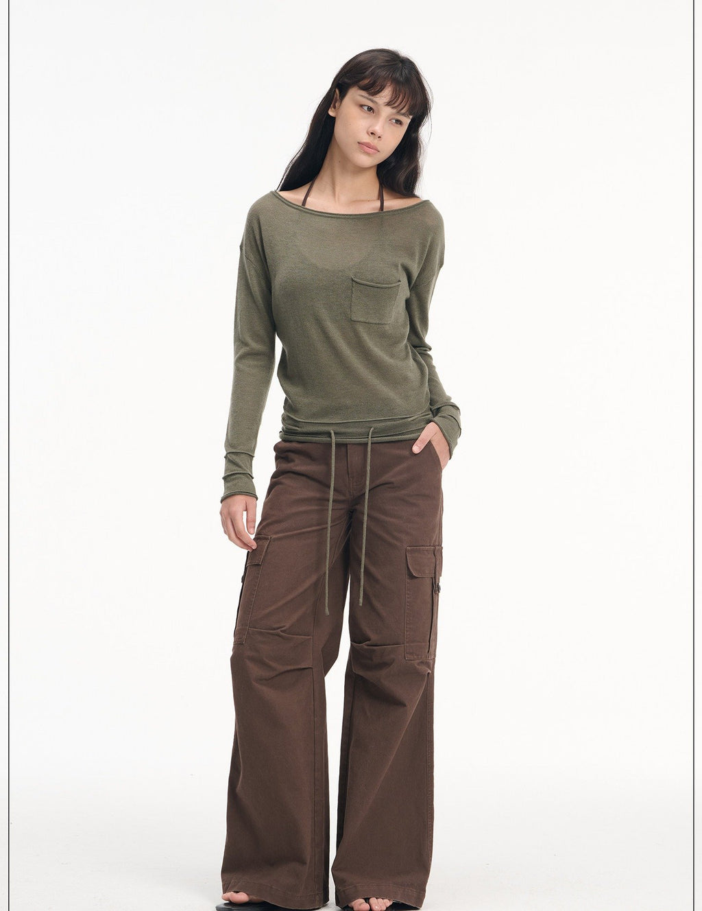 Drawstring Pocket Boatneck Top