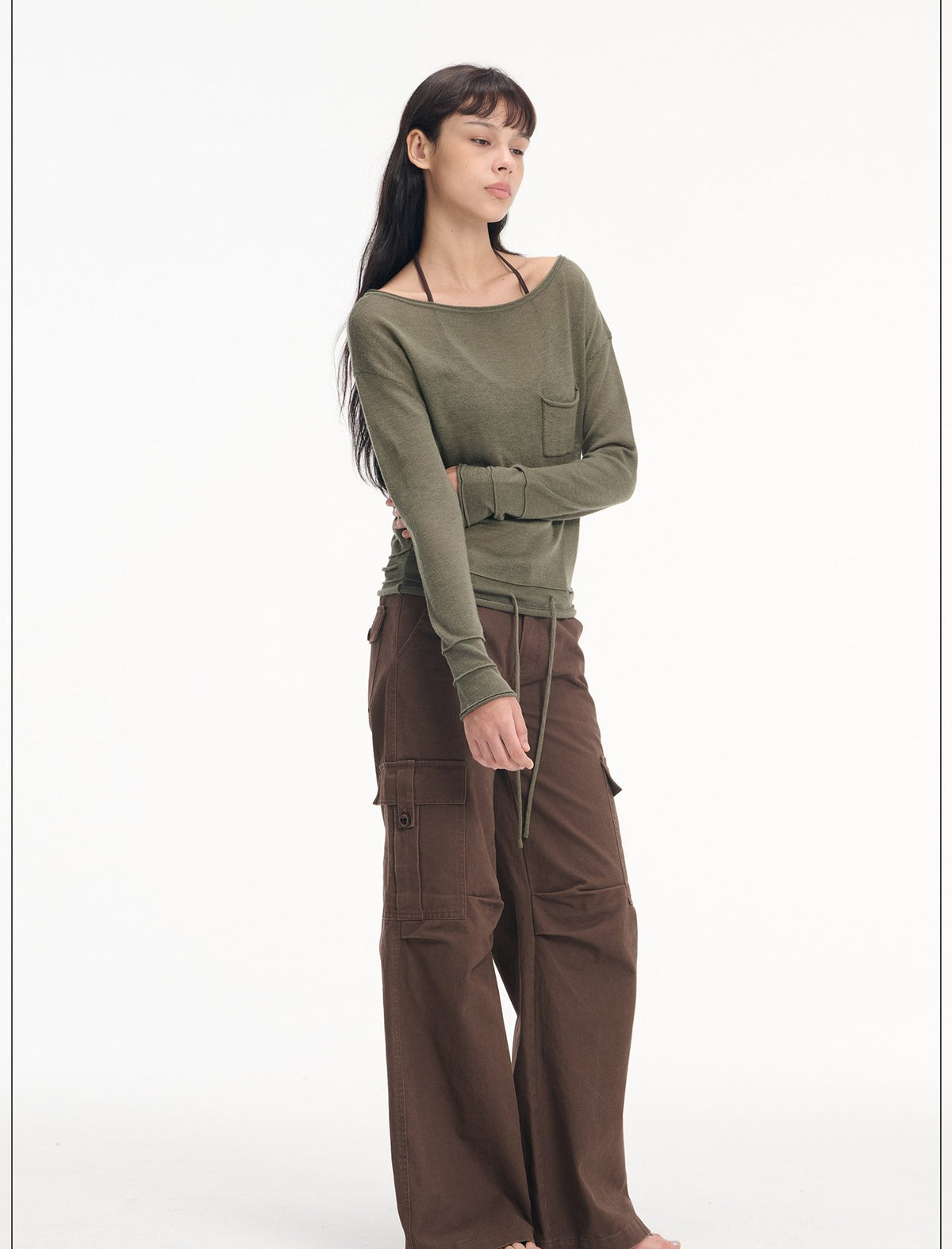Drawstring Pocket Boatneck Top