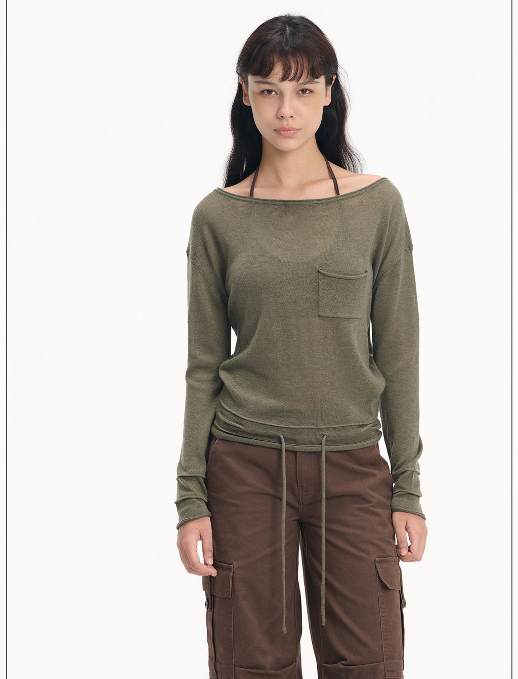 Drawstring Pocket Boatneck Top
