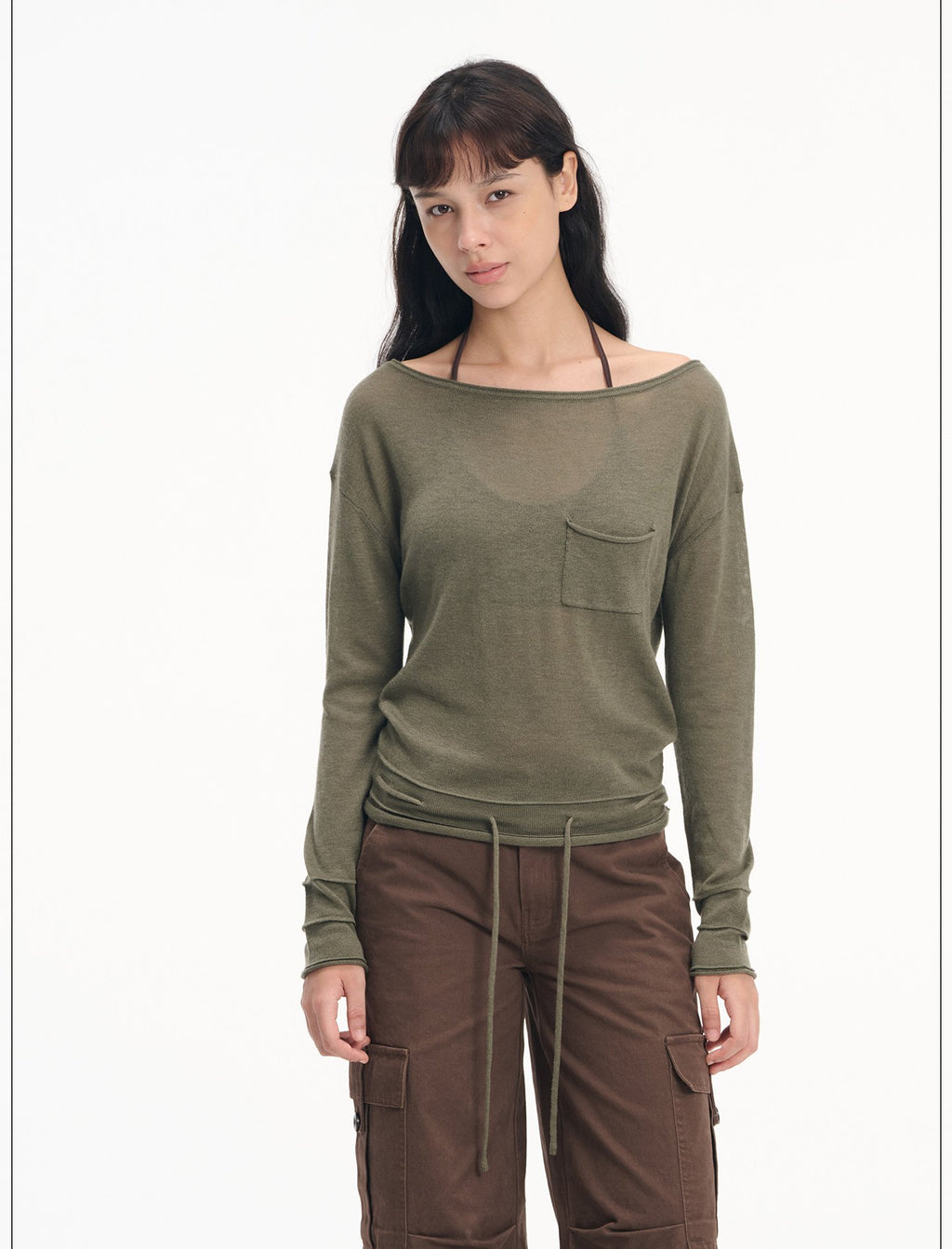 Drawstring Pocket Boatneck Top