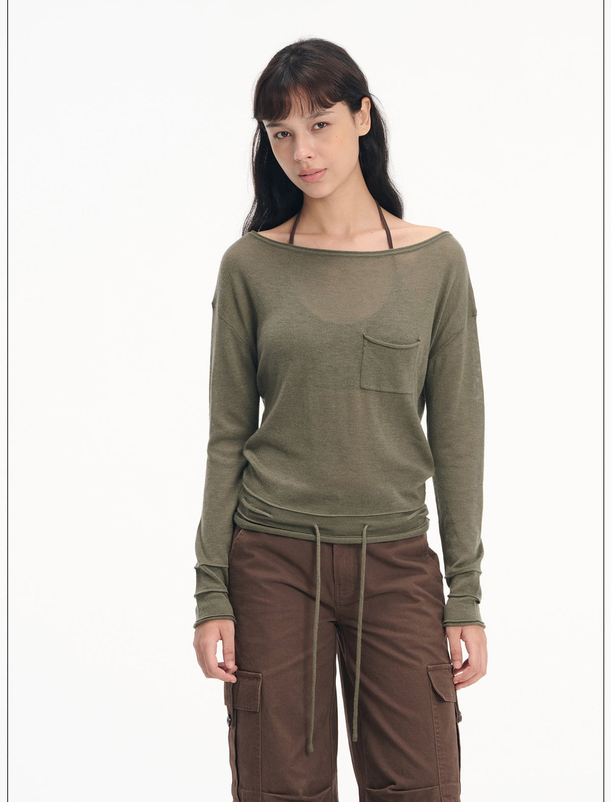 Drawstring Pocket Boatneck Top