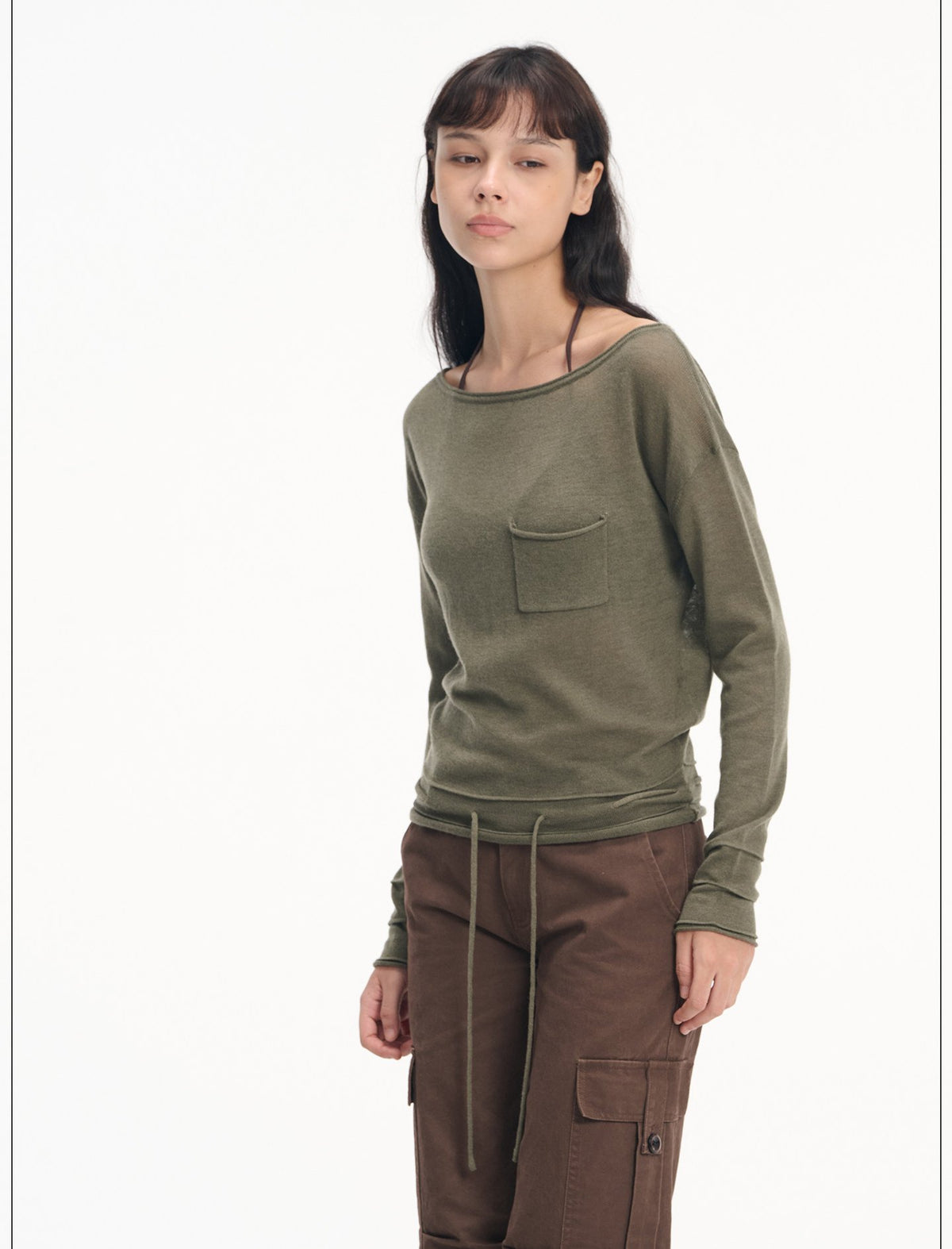 Drawstring Pocket Boatneck Top