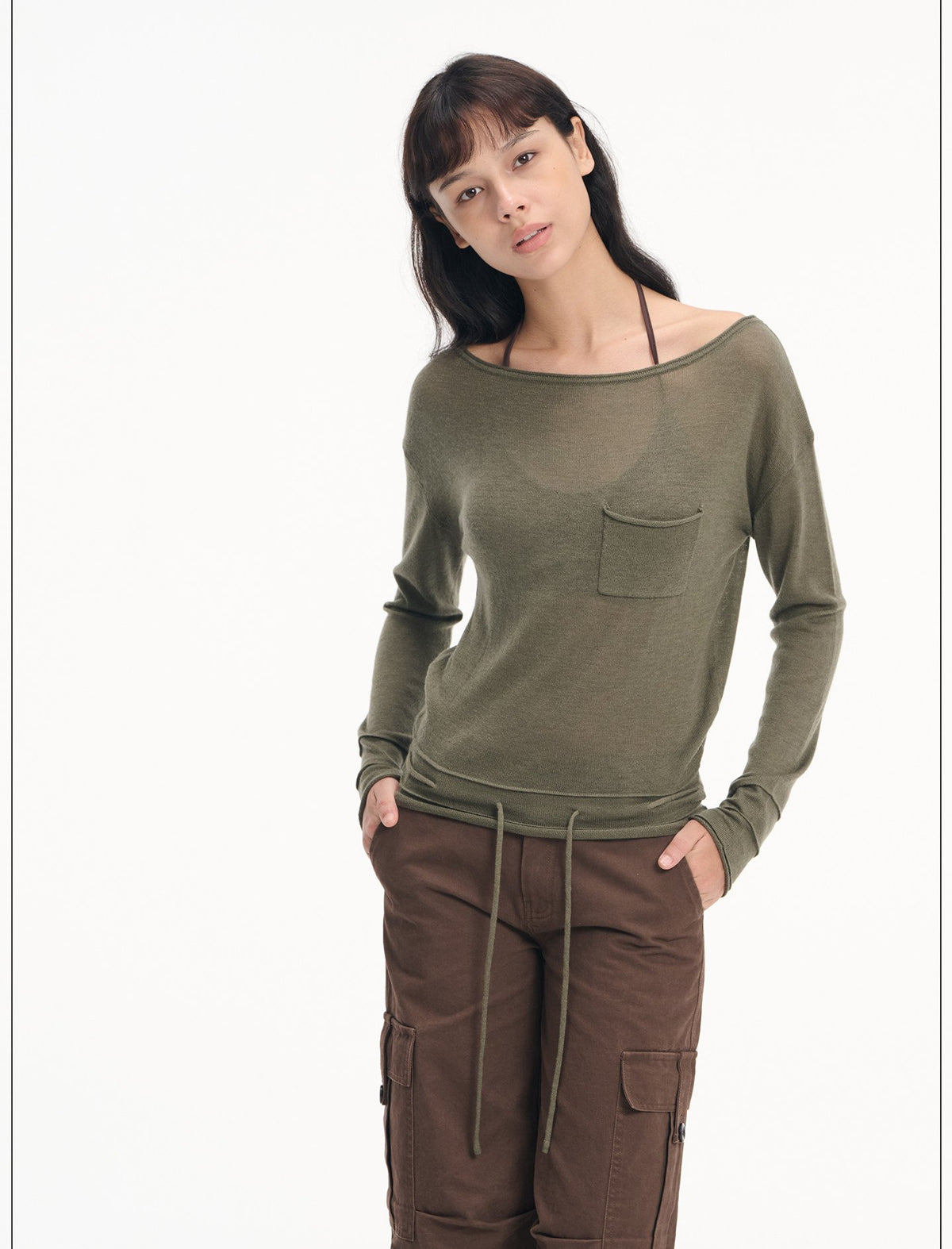 Drawstring Pocket Boatneck Top