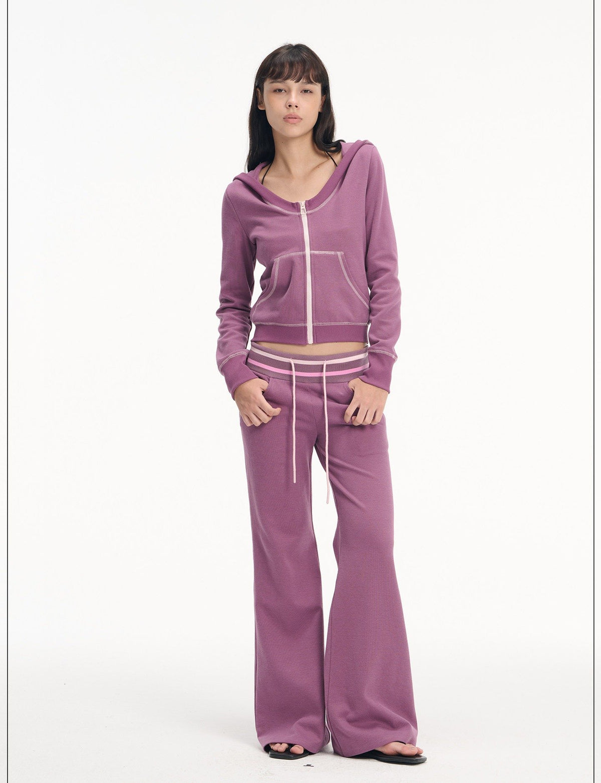 Contrast Hooded Zip-Up & Wide Pants (2color)