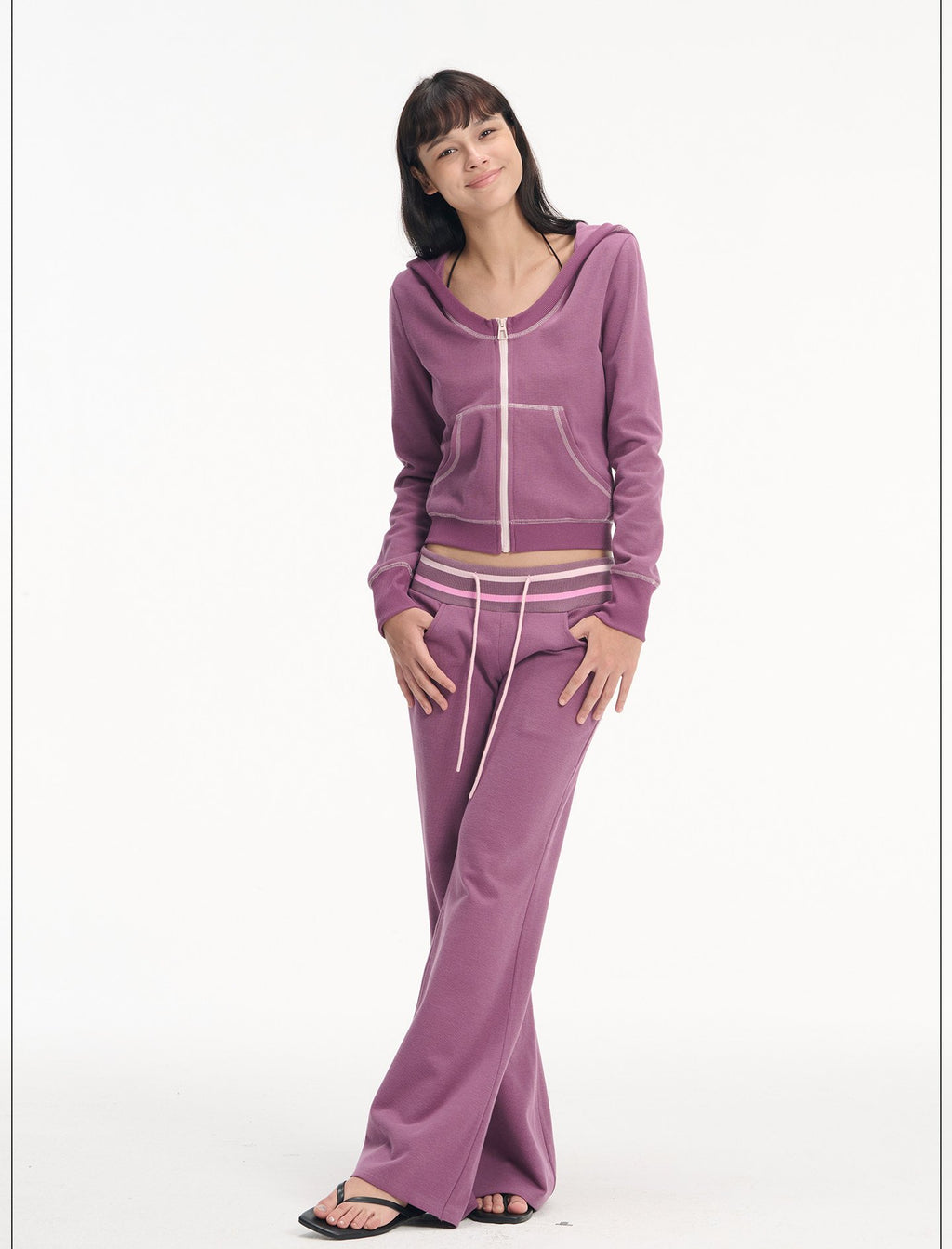 Contrast Hooded Zip-Up & Wide Pants (2color)