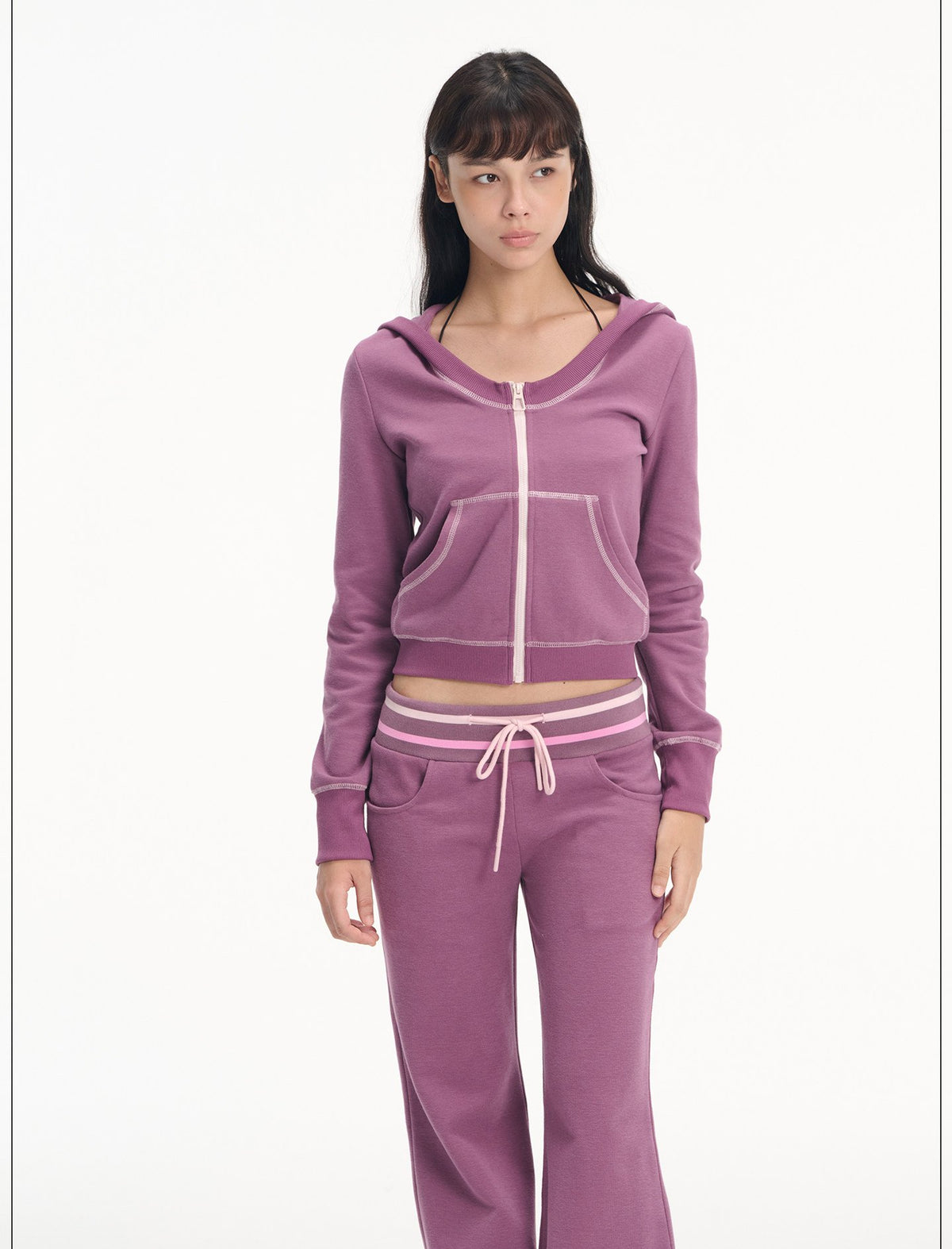 Contrast Hooded Zip-Up & Wide Pants (2color)