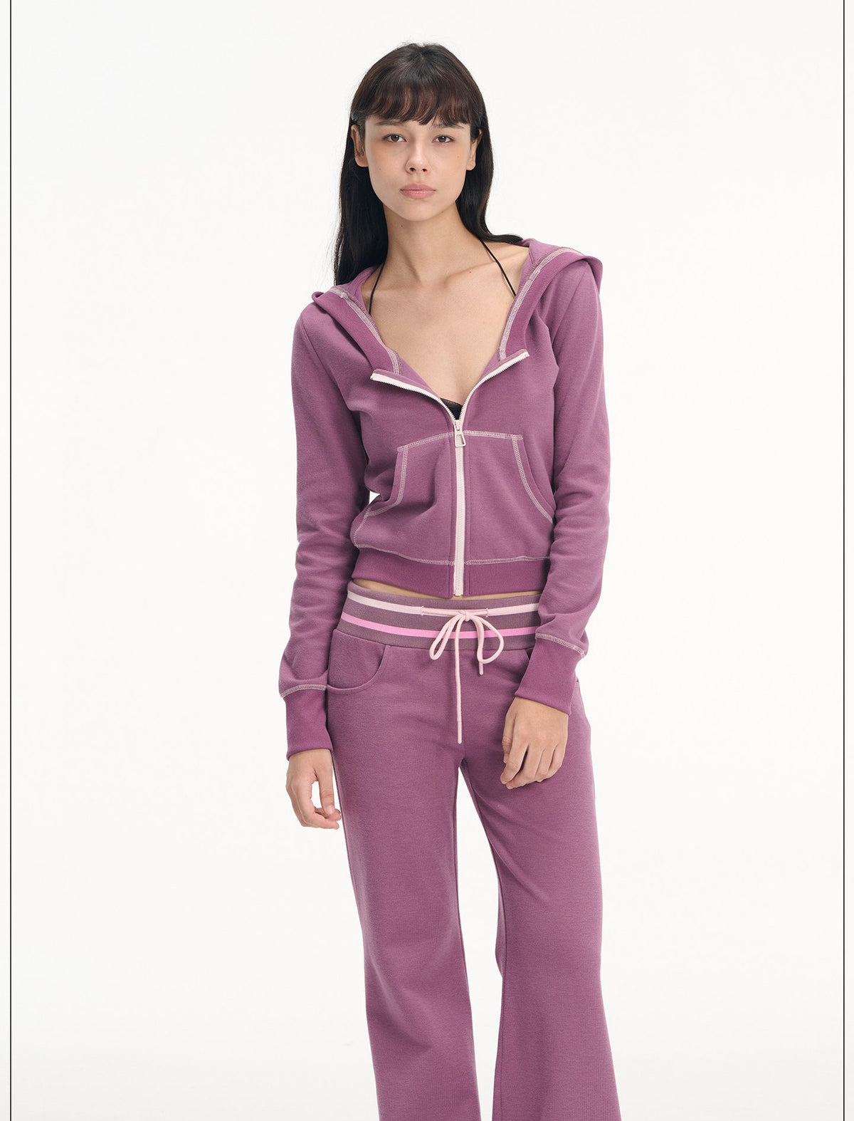 Contrast Hooded Zip-Up & Wide Pants (2color)