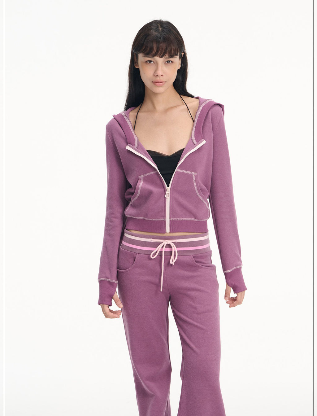Contrast Hooded Zip-Up & Wide Pants (2color)