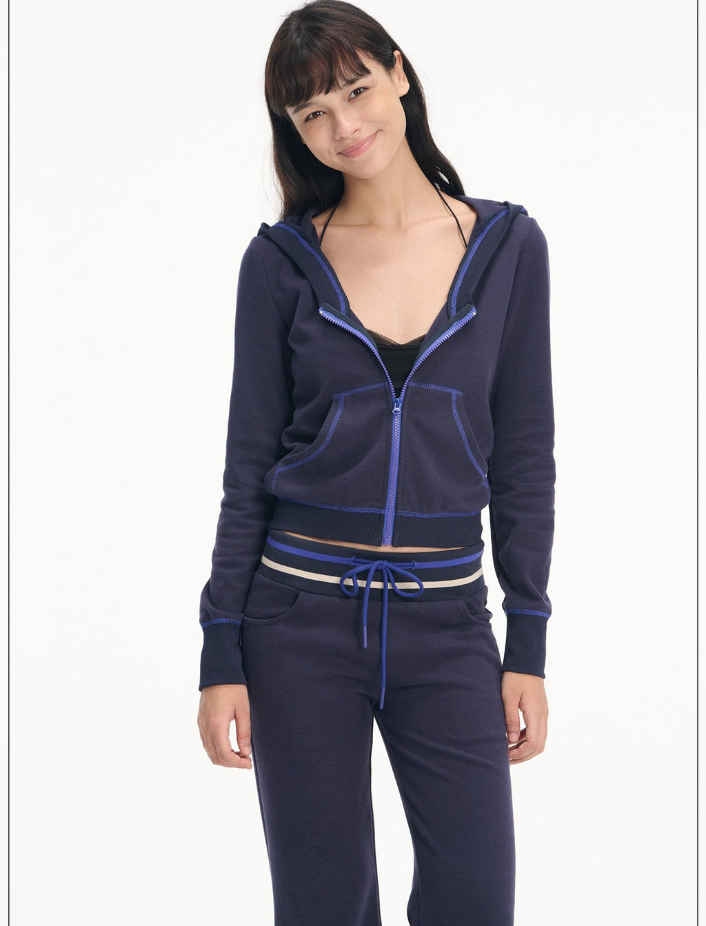 Contrast Hooded Zip-Up & Wide Pants (2color)