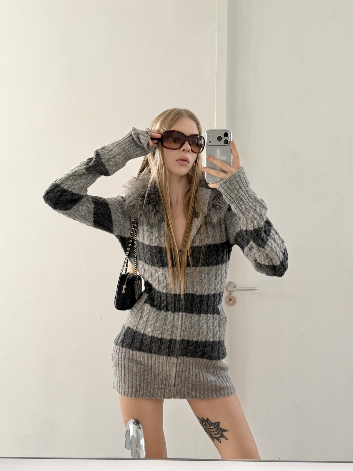 Stripe Cable Knit Hooded Cardigan