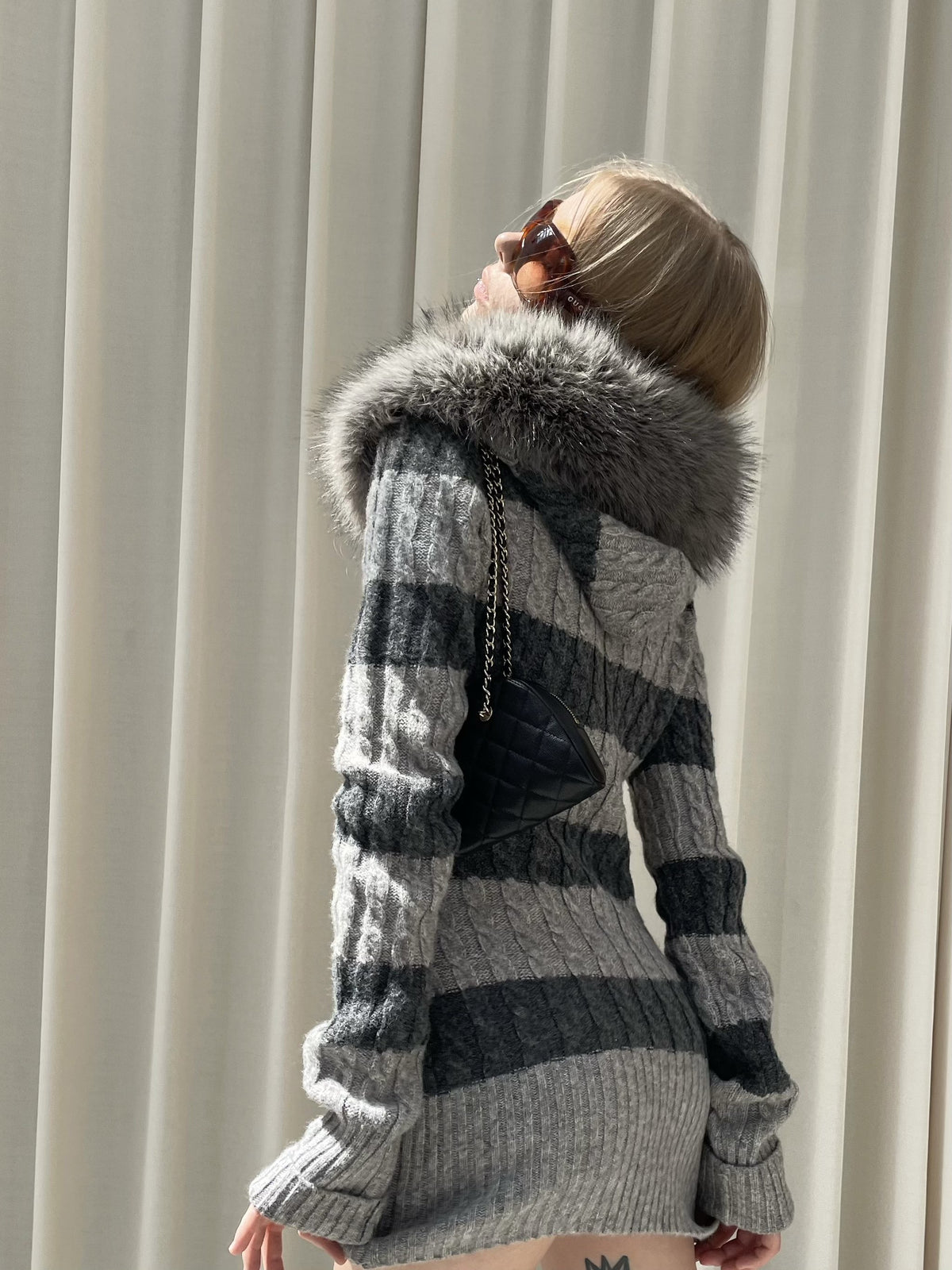 Stripe Cable Knit Hooded Cardigan