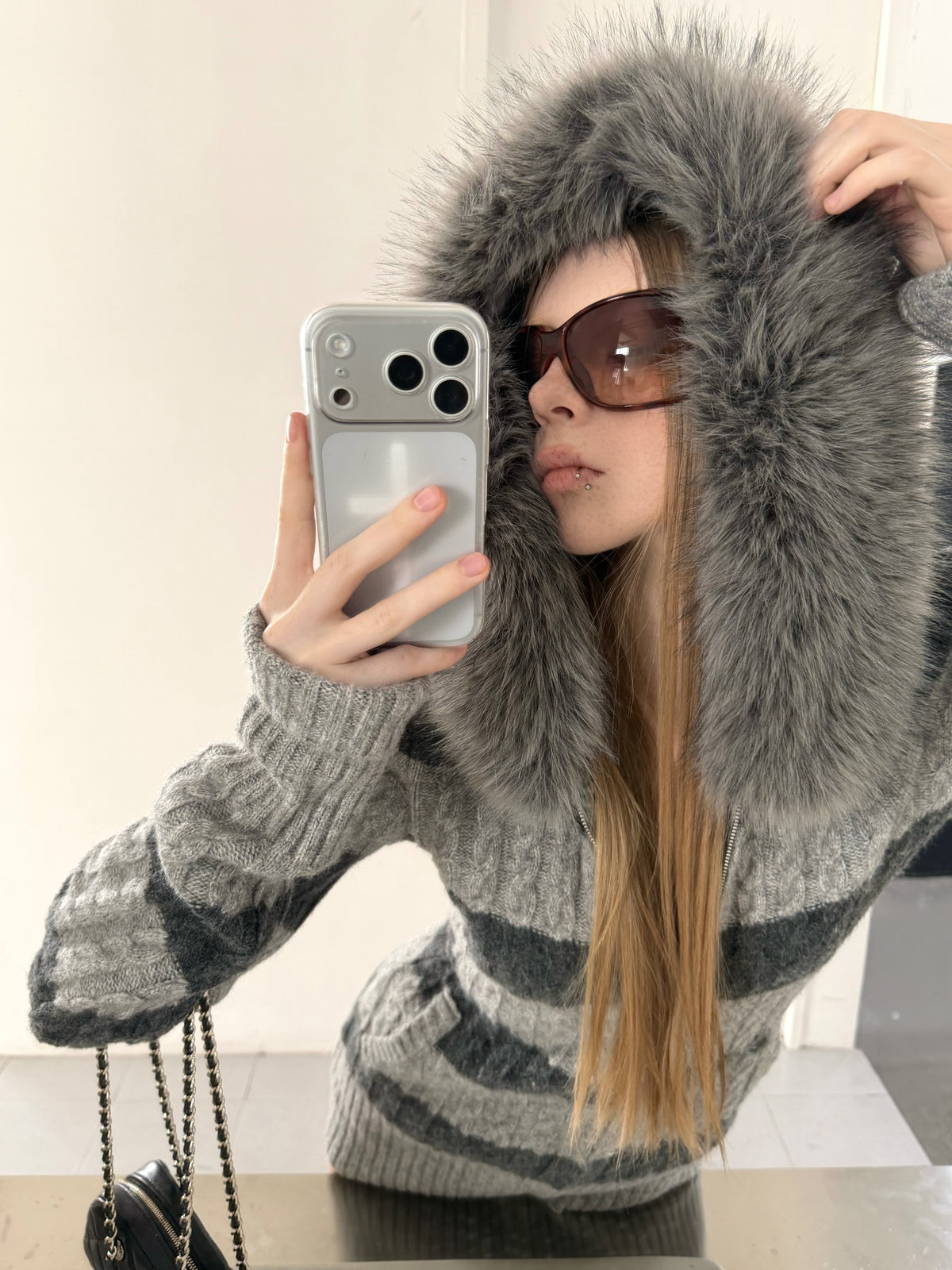Stripe Cable Knit Hooded Cardigan