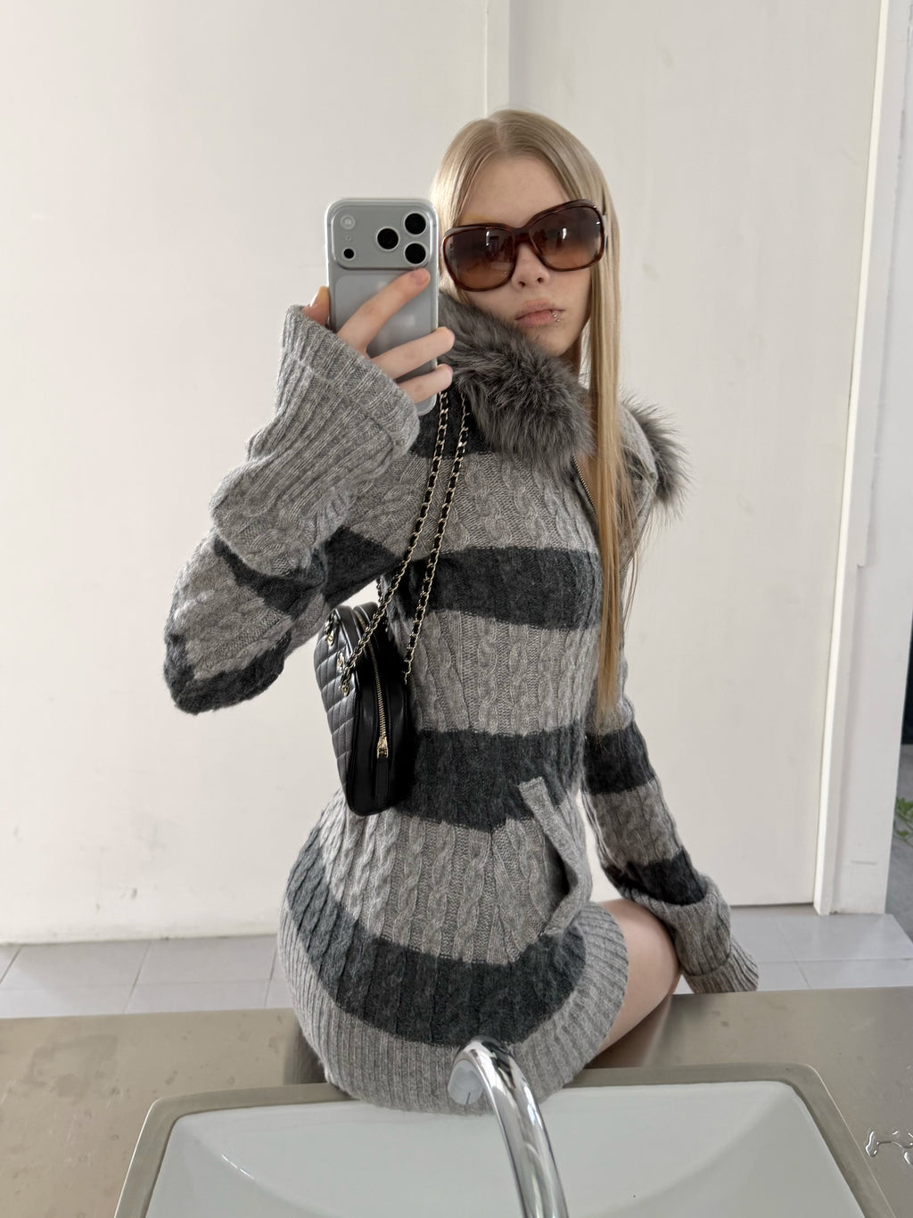 Stripe Cable Knit Hooded Cardigan