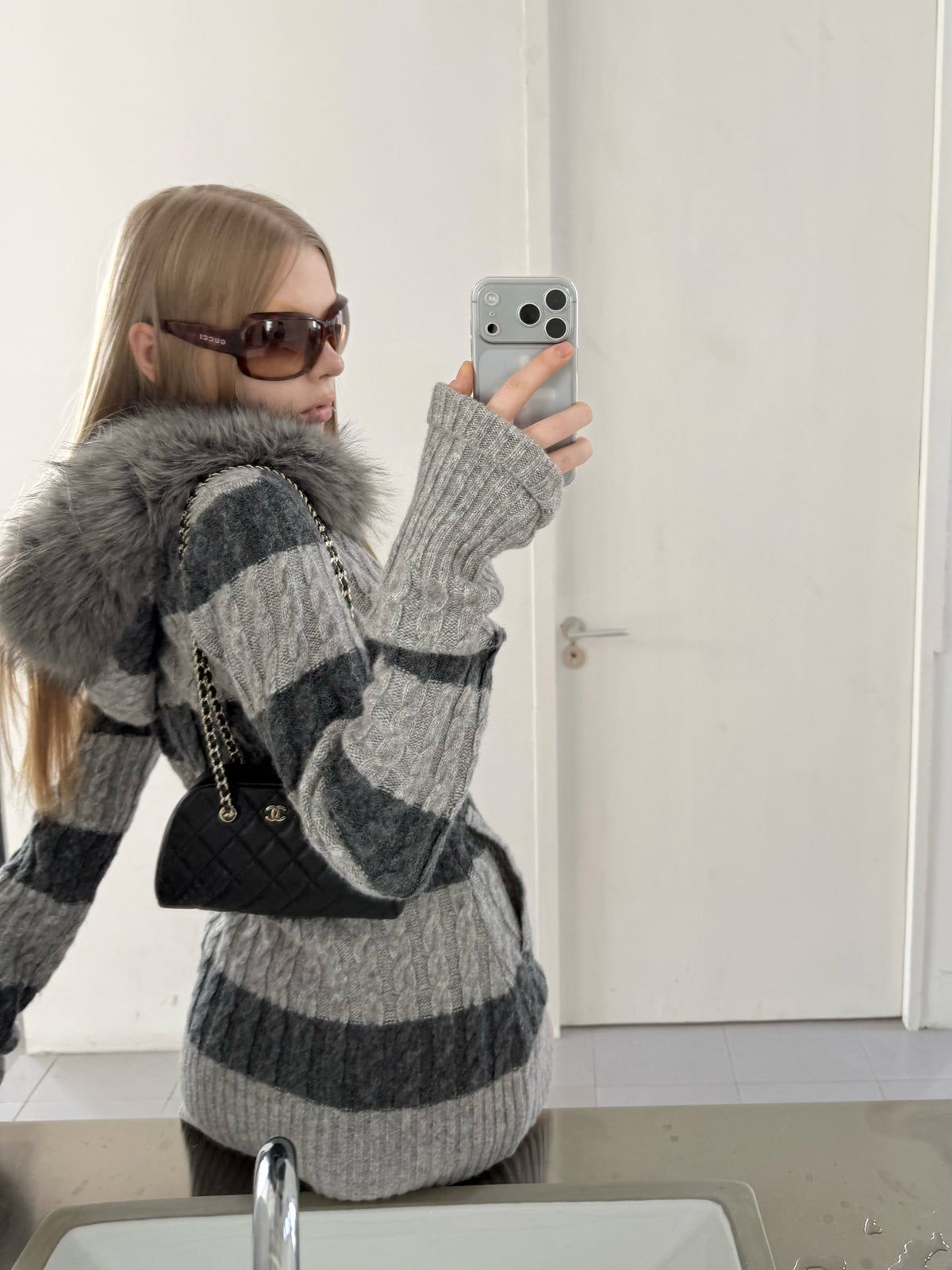 Stripe Cable Knit Hooded Cardigan