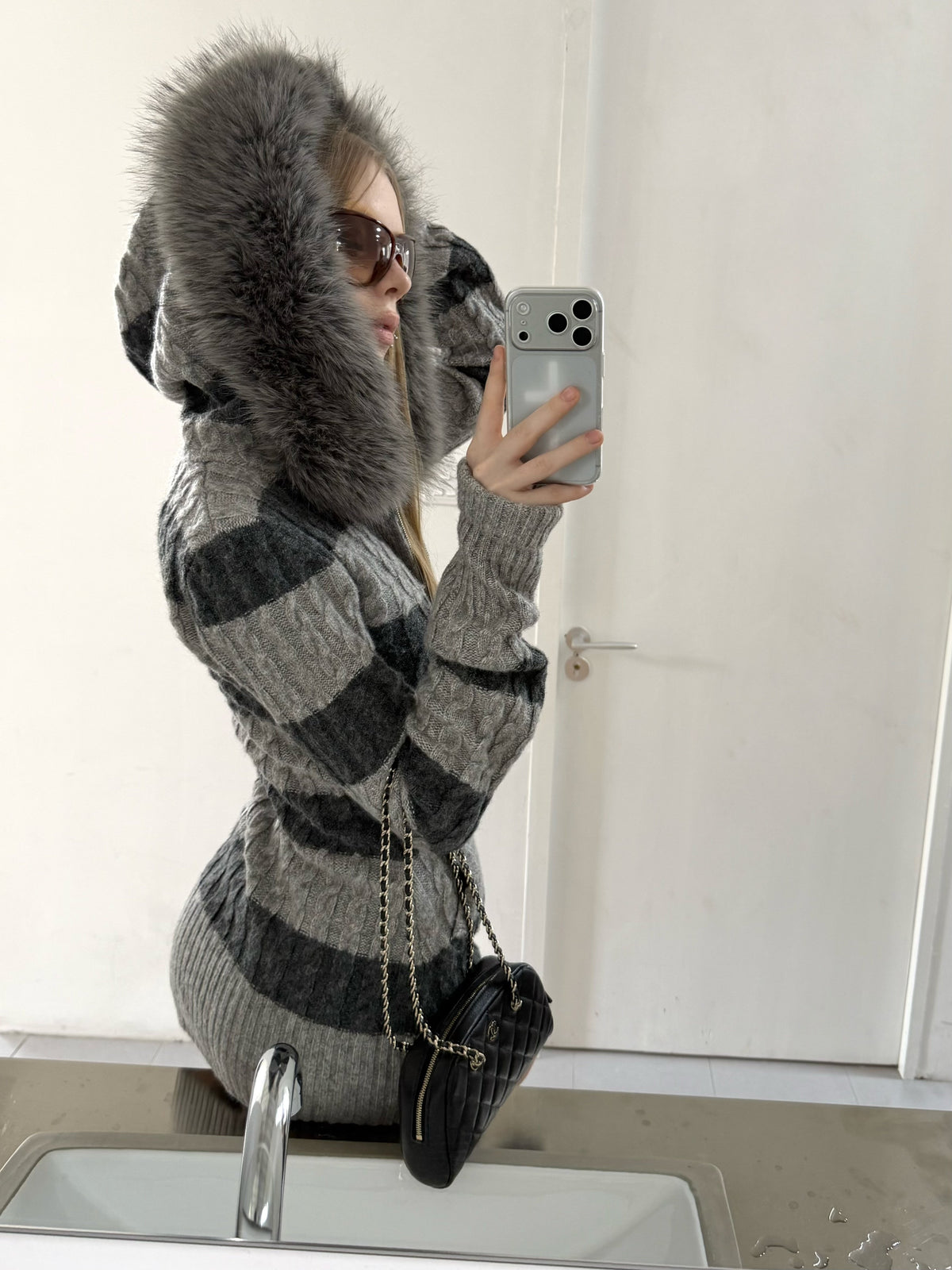 Stripe Cable Knit Hooded Cardigan