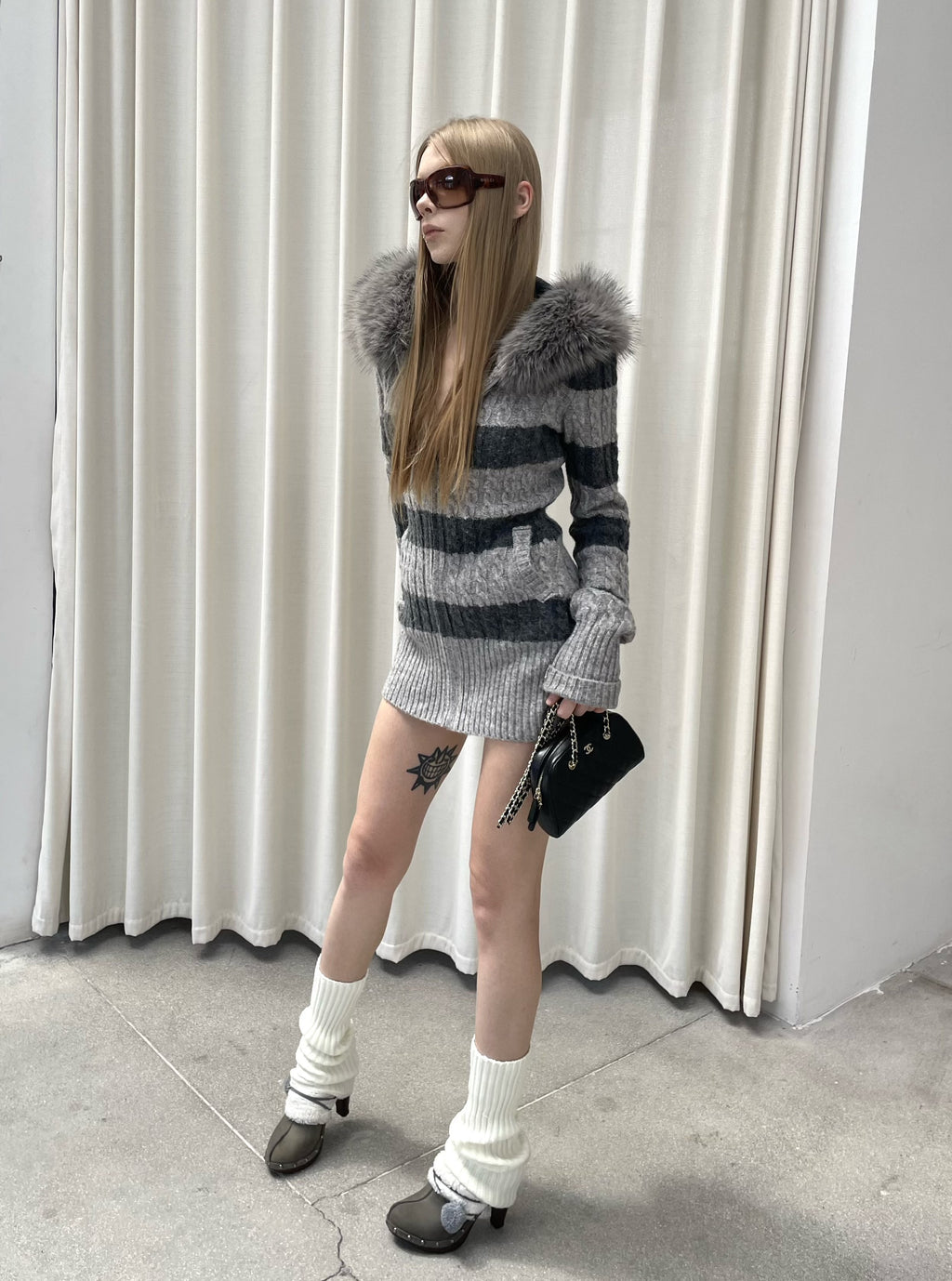 Stripe Cable Knit Hooded Cardigan