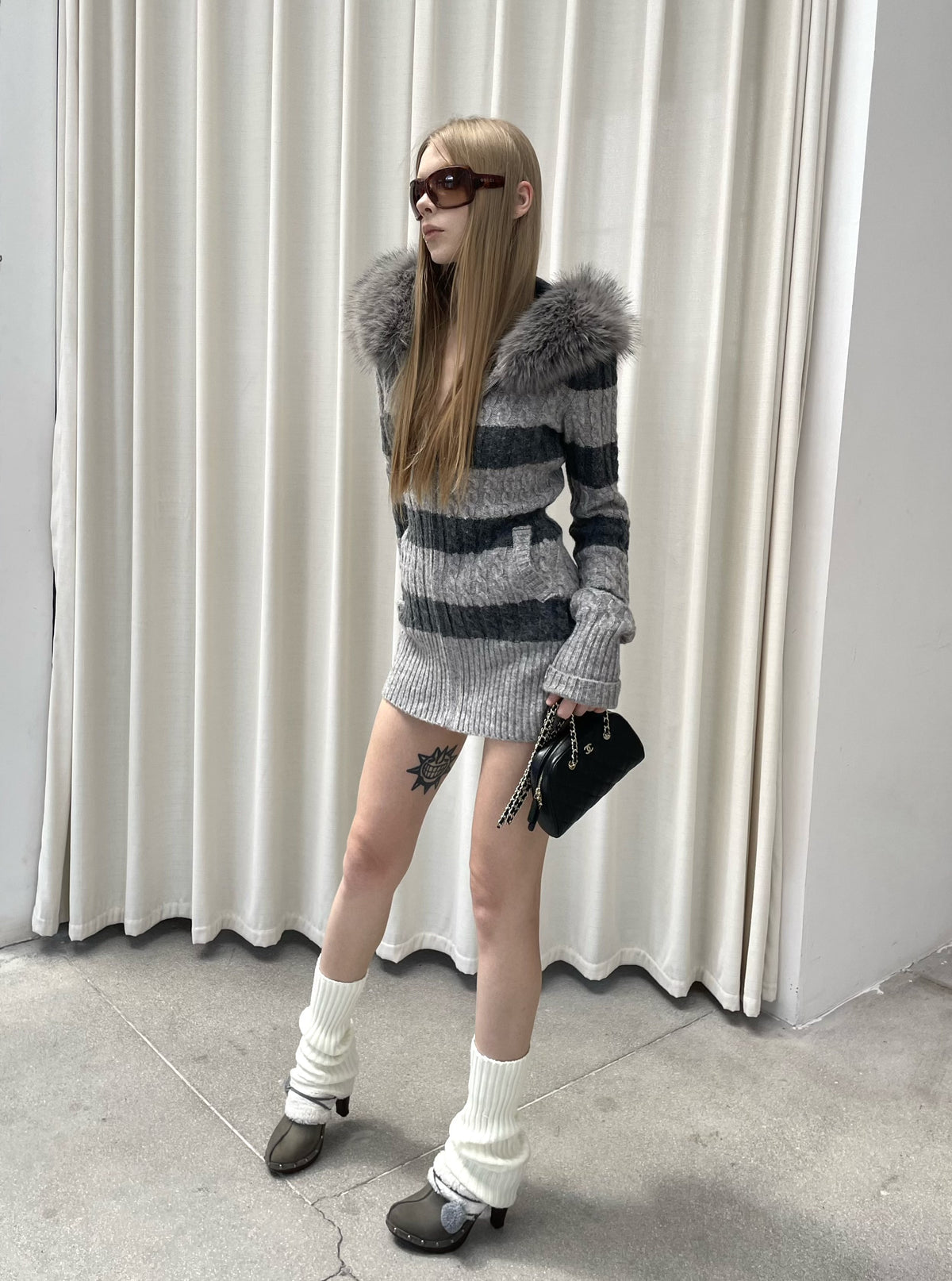 Stripe Cable Knit Hooded Cardigan