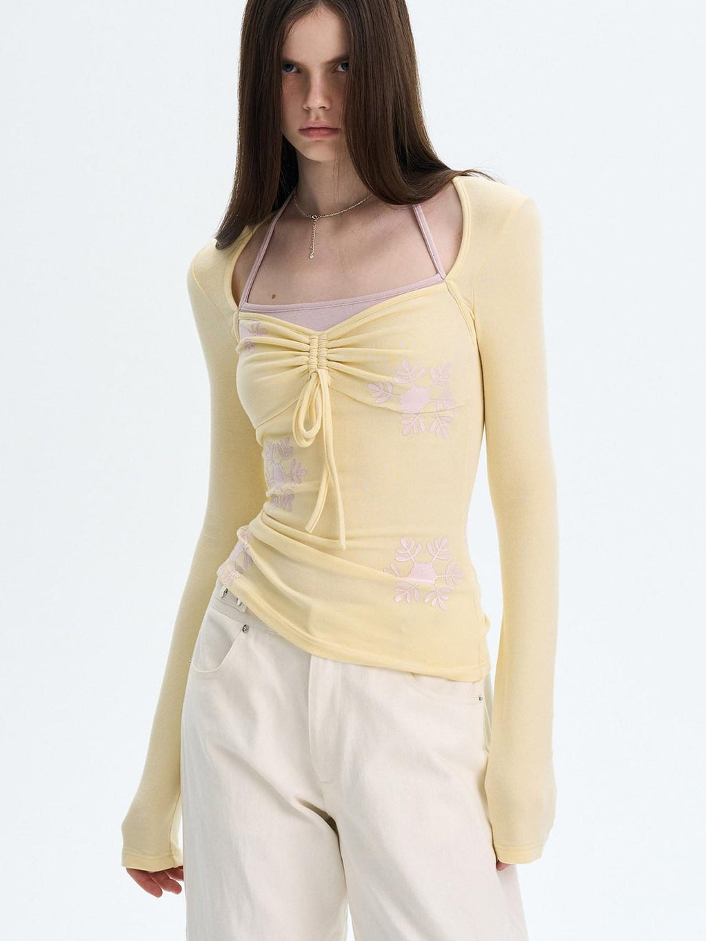 Soft Cotton Blend Printed Square Neck Fitted Women Long Sleeve Crop Tops