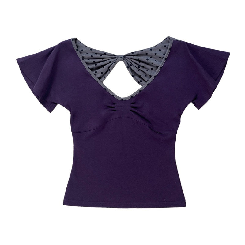 Bow Detail Slim V-neck Cotton Polka Dot Commuter Women Basic Crop Tops