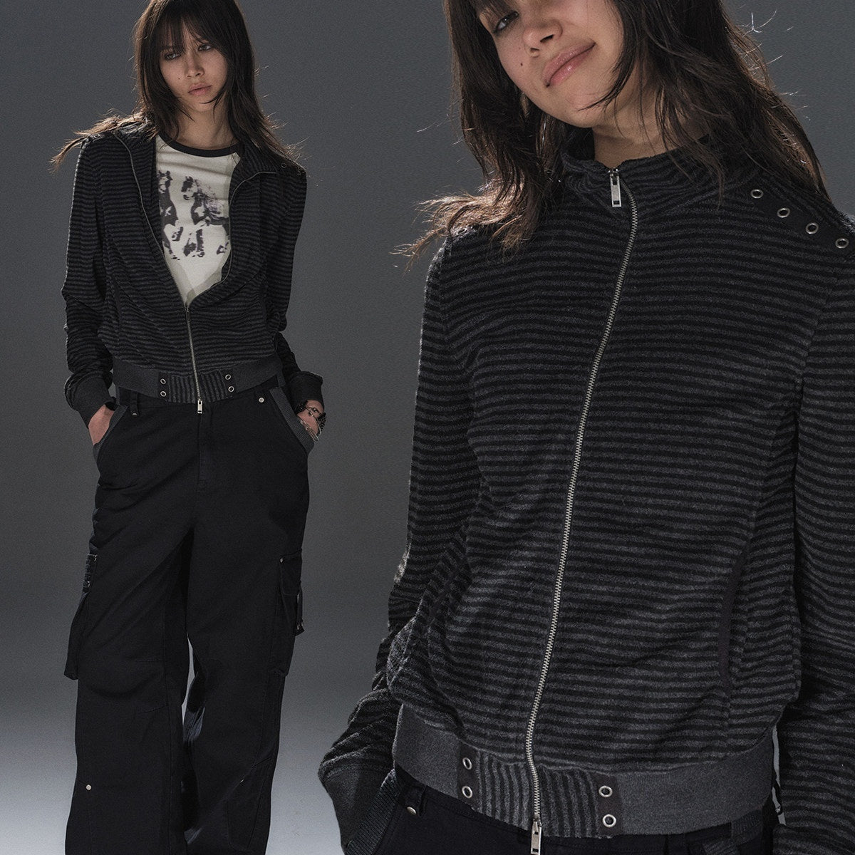 Black Gray Striped Eyelet Tape Splice Punk Women'S Polyester Casual Jackets
