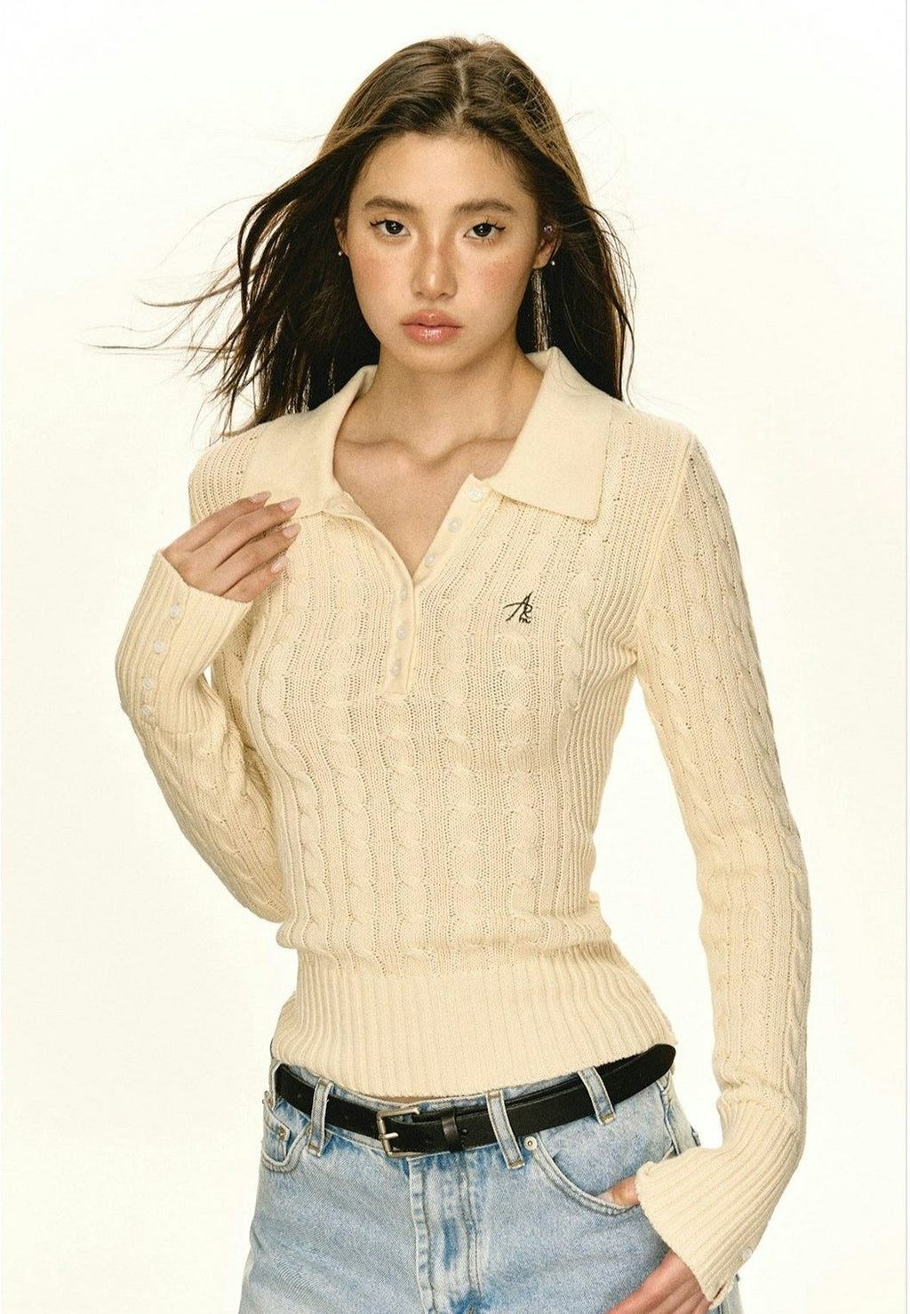 Half-Button Cable Knit Polo Sweater