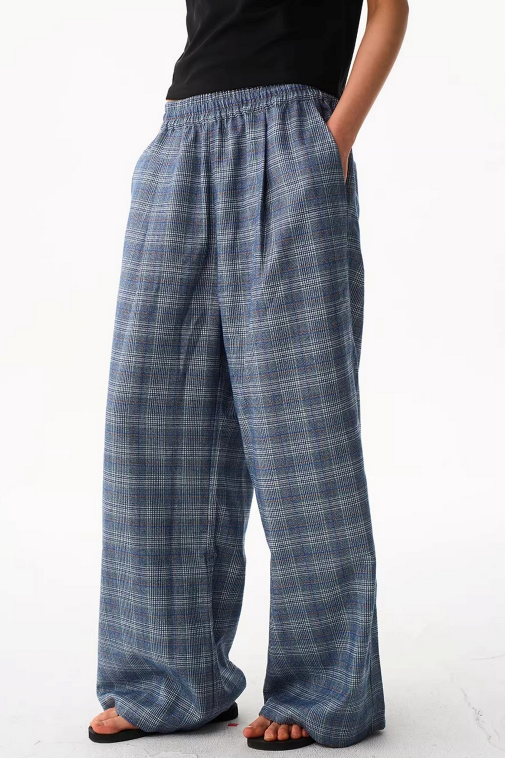 Blue Plaid Wide-Leg Pants