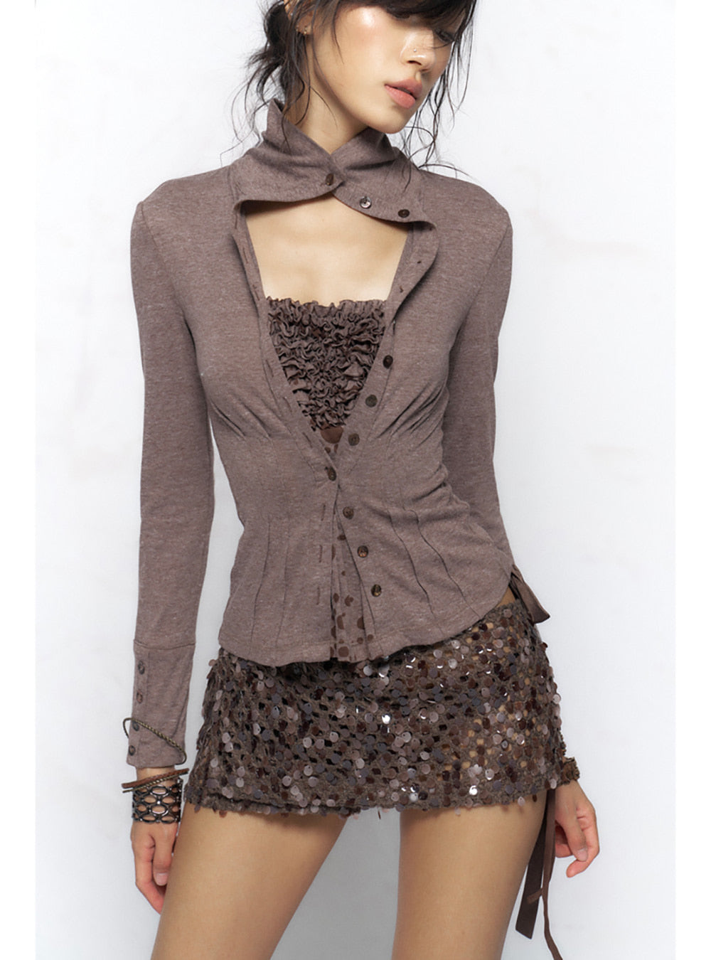Khaki Gray Purple Fake Two-Piece Cardigan