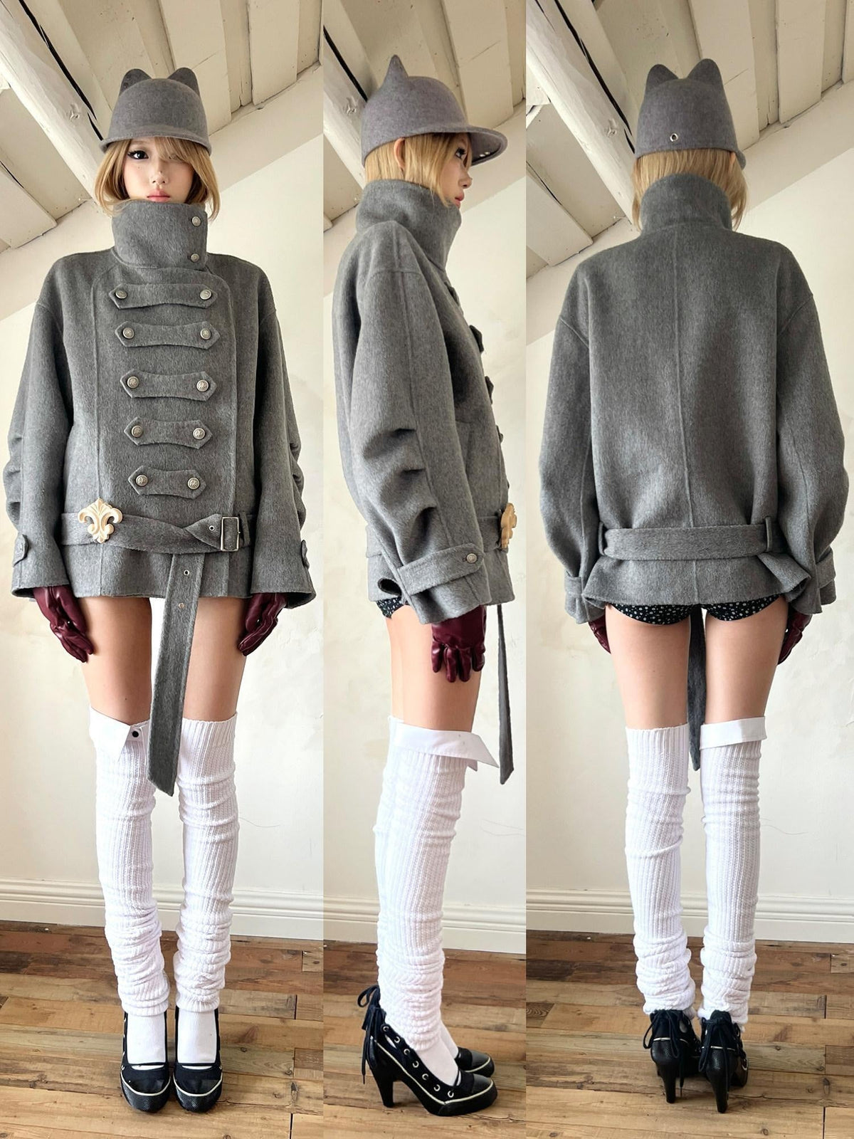 Warm Wool Blend Pleated Biker Collar Unisex Double Breasted Cropped Wool Coats