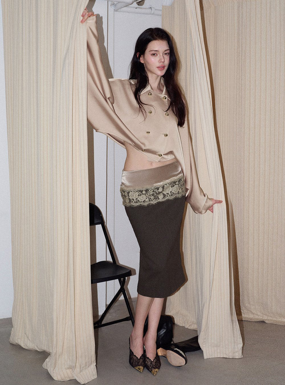 Lace Satin Trim Midi Skirt
