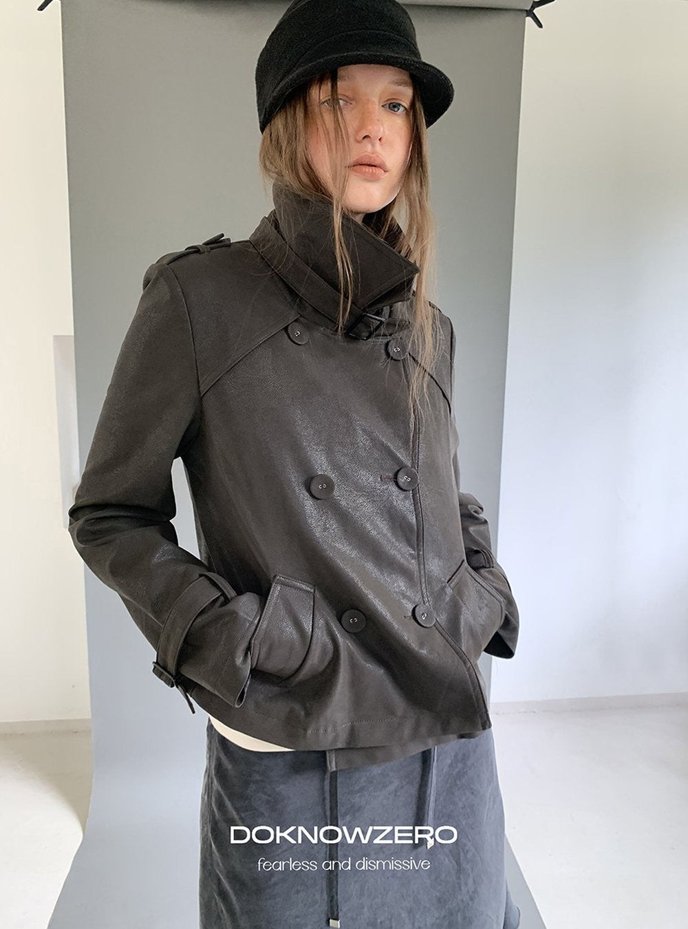 Dark Brown Double Button PU Jacket