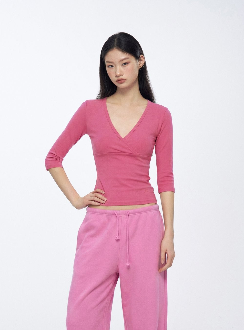Cross V-Neck Mid Sleeve Top (7color)