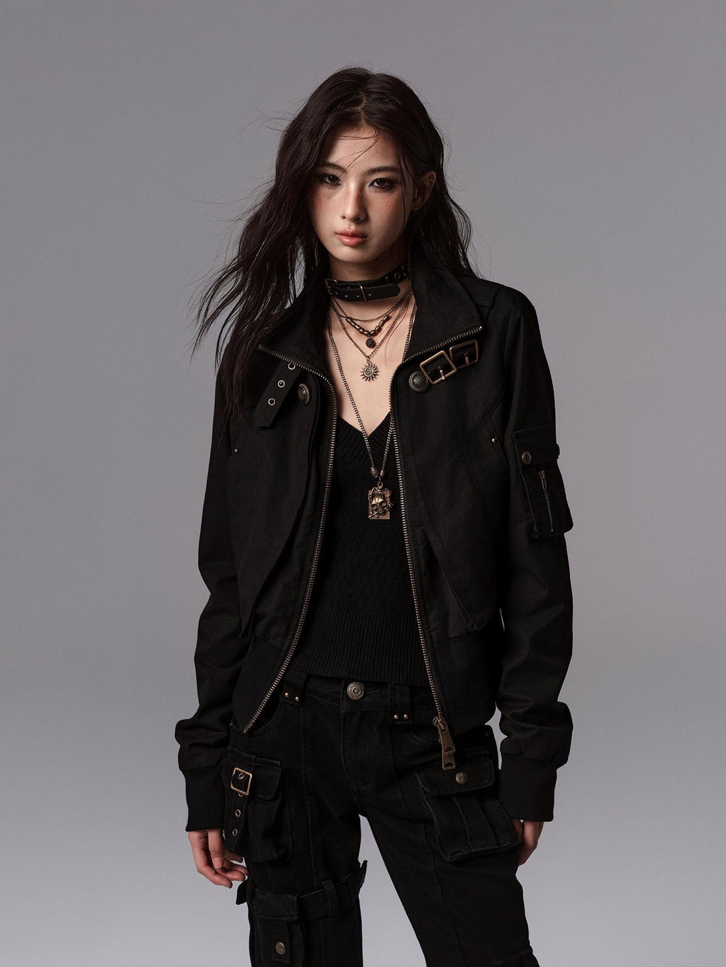 Windproof Vintage Slim Metal Detail Women Cotton Lyocell Button Cropped Jackets