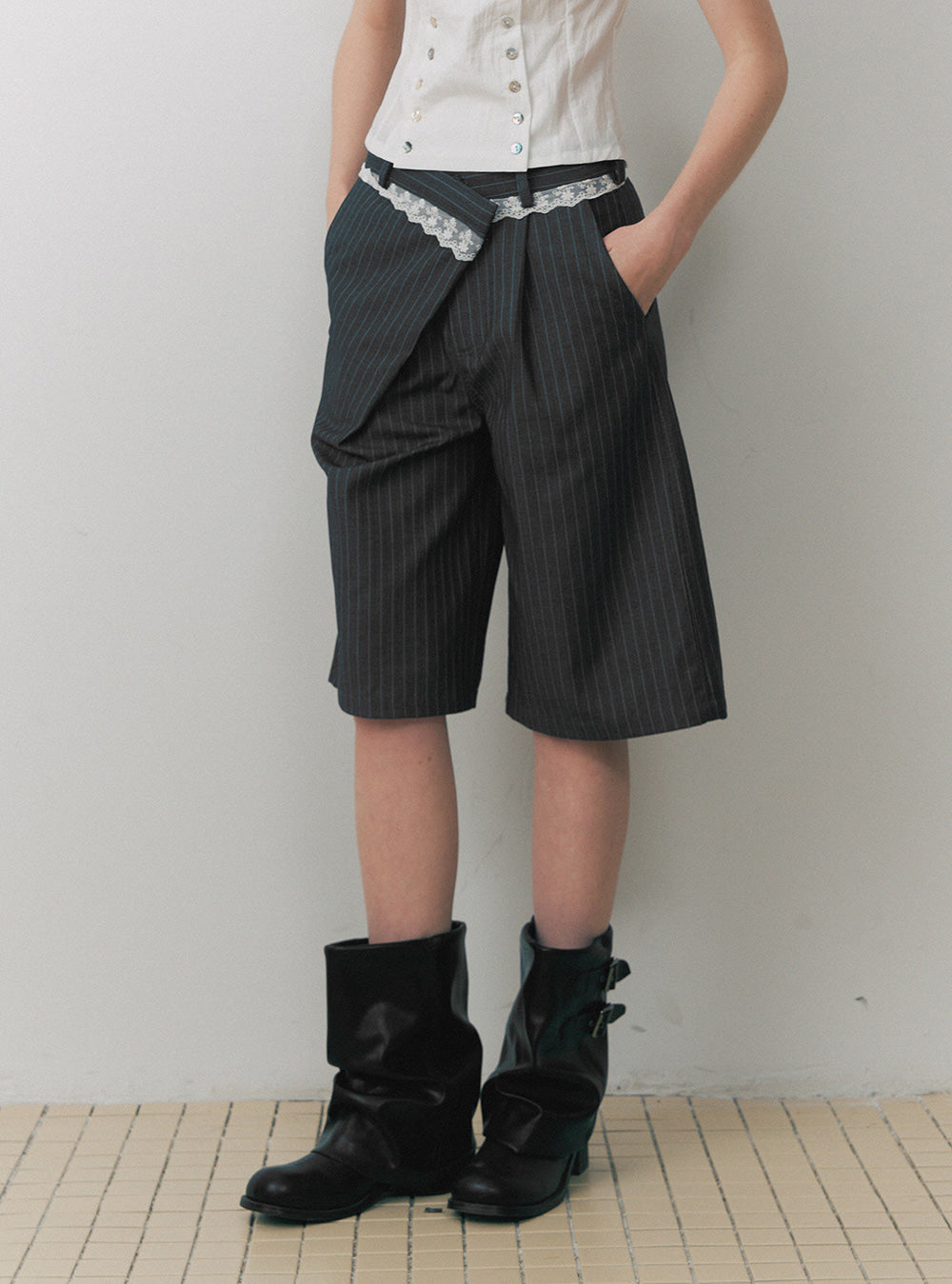 Lace Trim Pinstripe Tailored Shorts