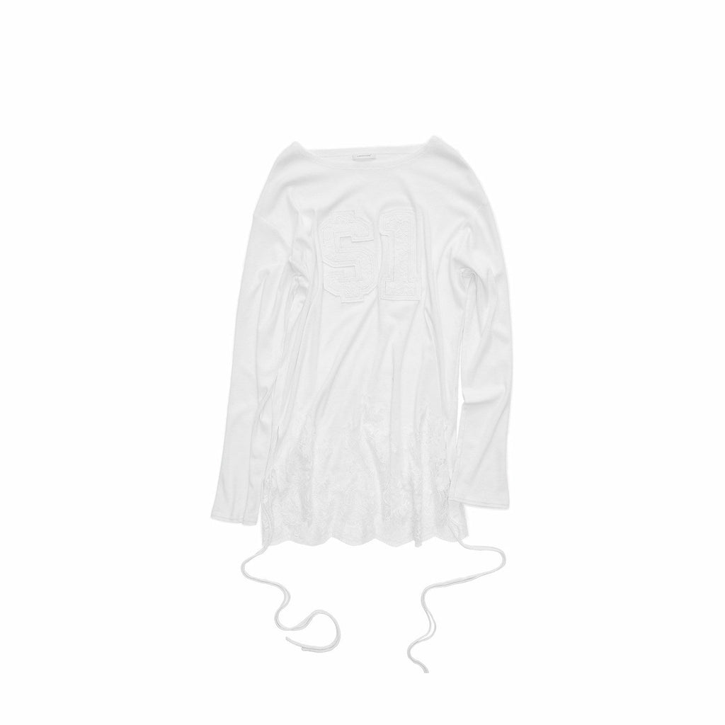 American Applique Embroidery Lace Hem Tie Waist Women's Long Sleeve T-shirts
