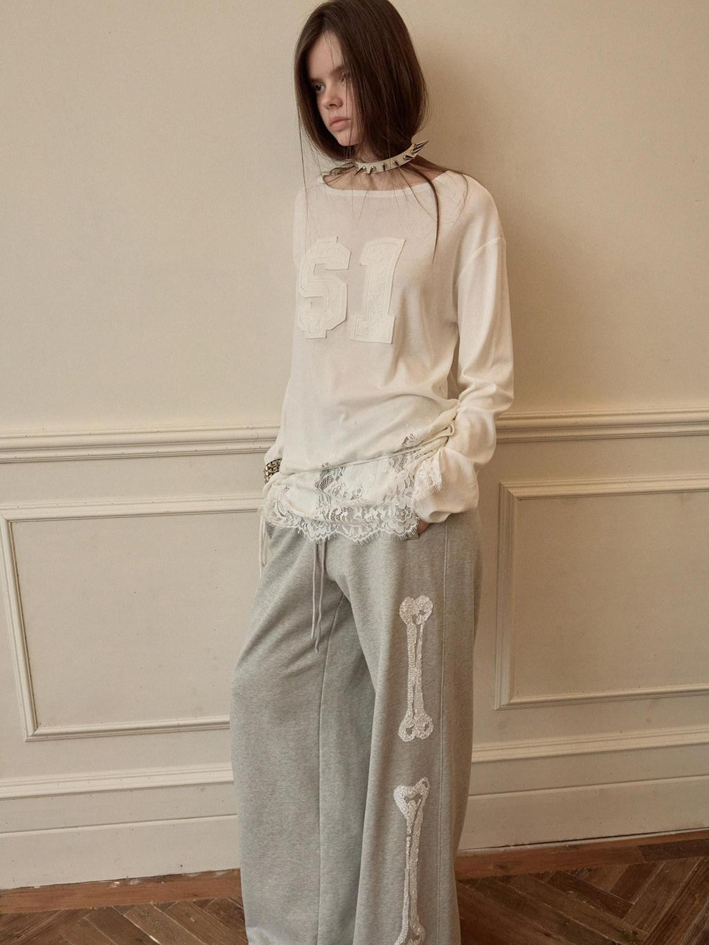 American Applique Embroidery Lace Hem Tie Waist Women's Long Sleeve T-shirts