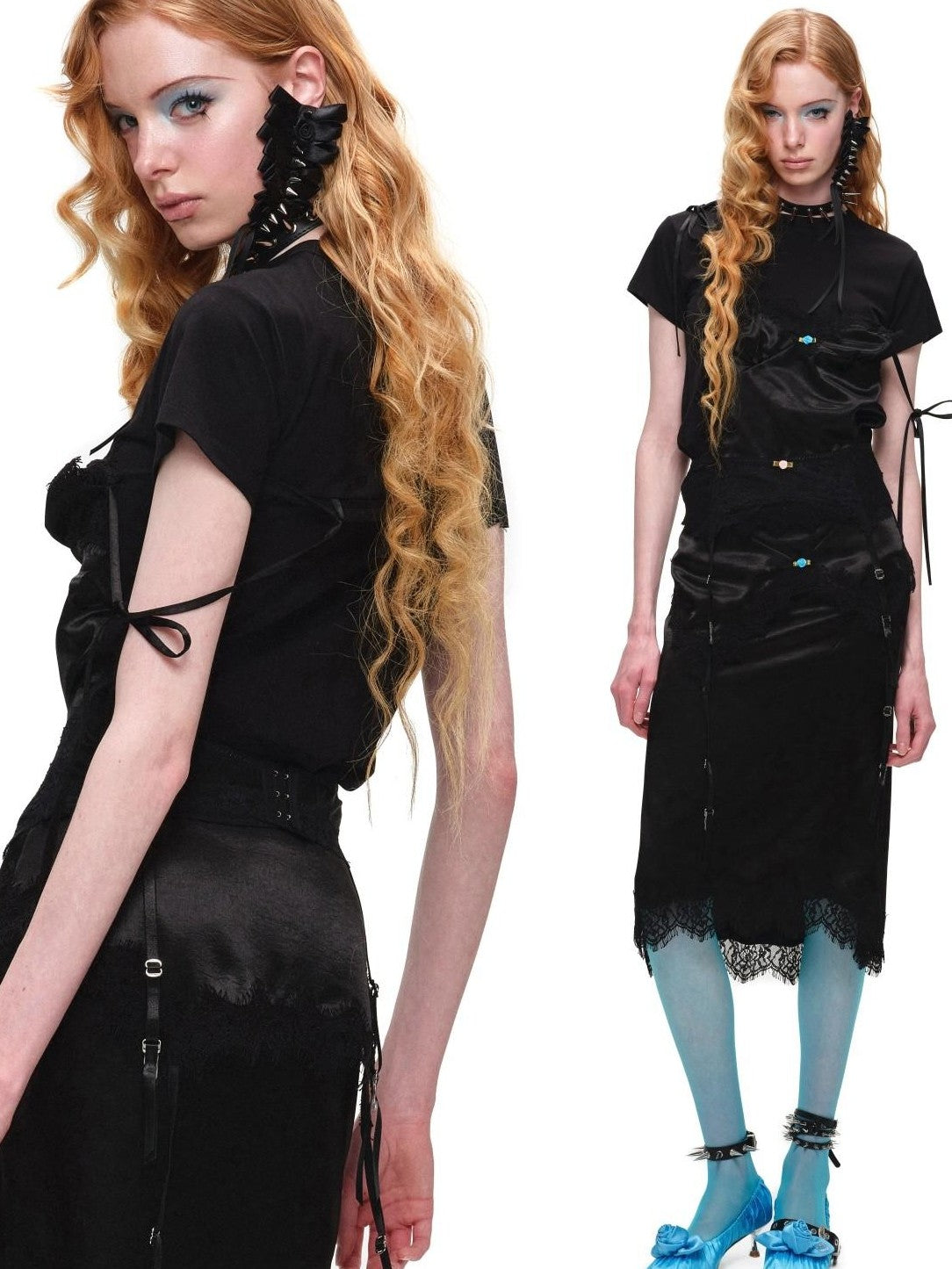Asymmetrical Faux Layer Adjustable Strap Women's Lace Short Sleeve T-shirts