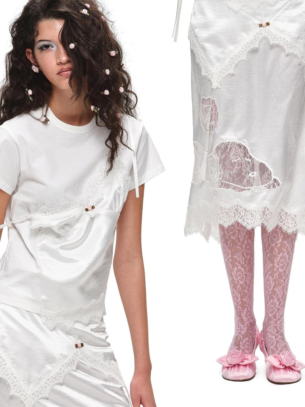Asymmetrical Faux Layer Adjustable Strap Women's Lace Short Sleeve T-shirts