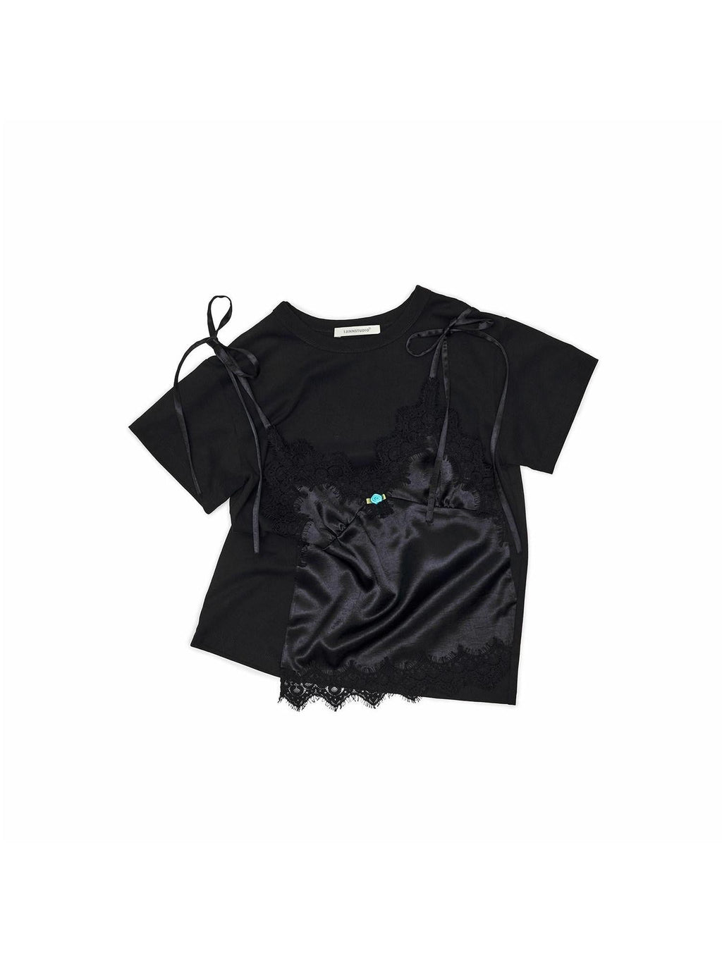 Asymmetrical Faux Layer Adjustable Strap Women's Lace Short Sleeve T-shirts