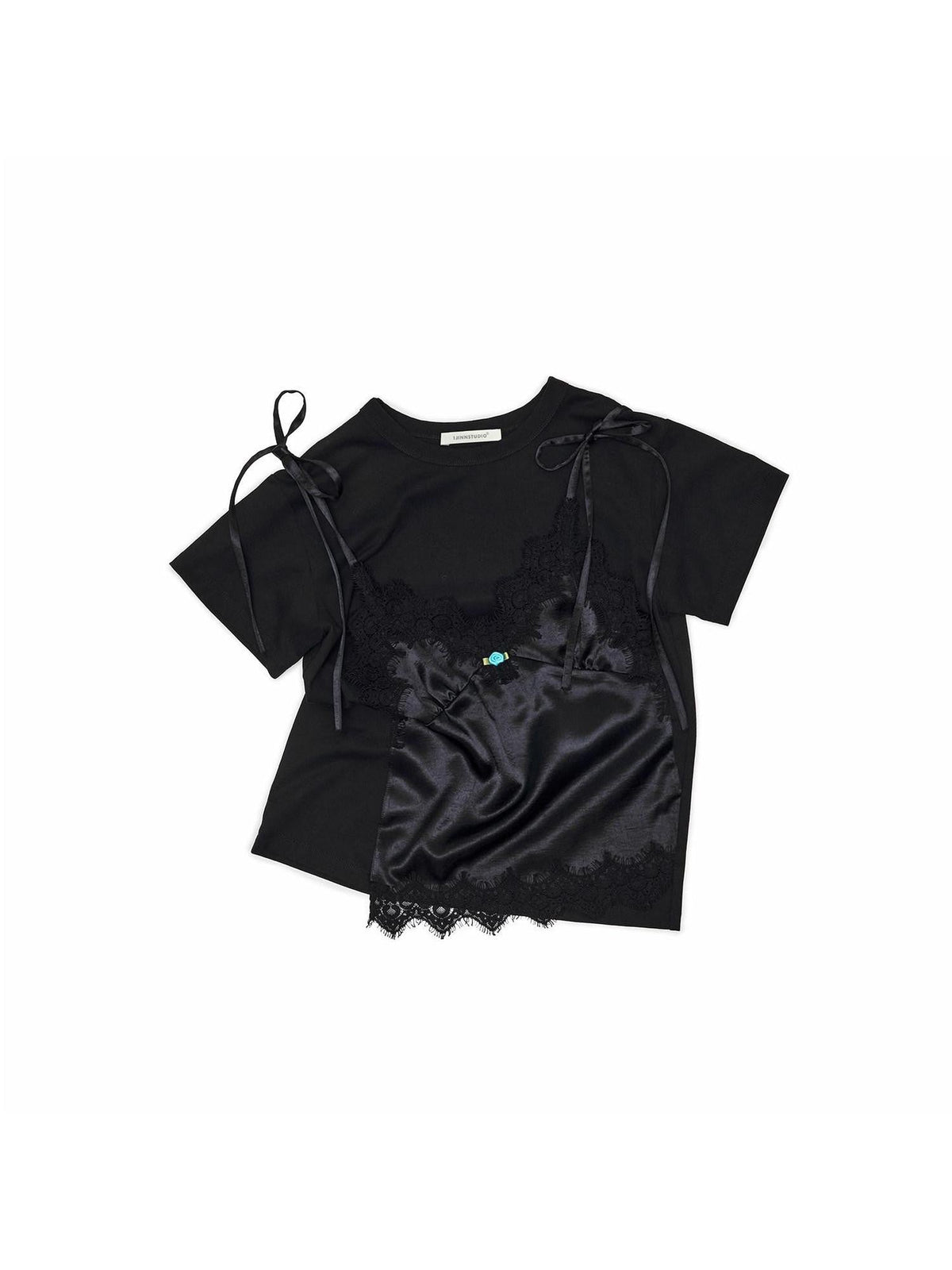 Asymmetrical Faux Layer Adjustable Strap Women's Lace Short Sleeve T-shirts