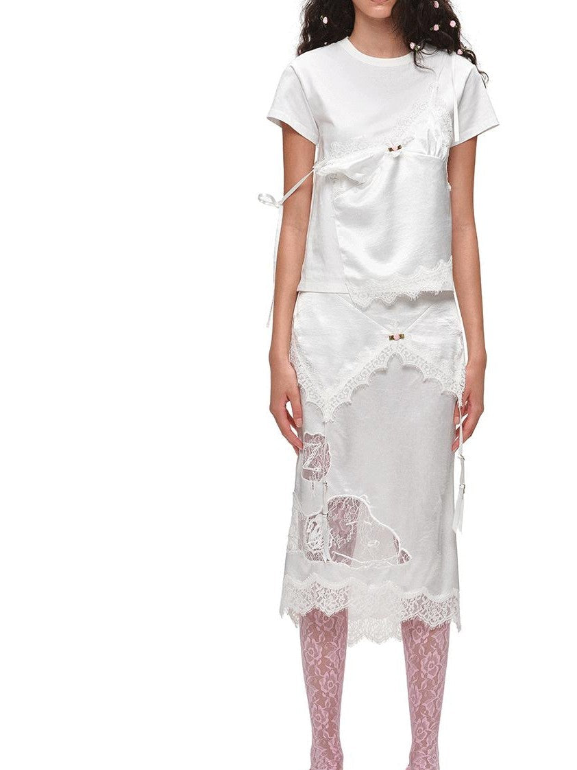 Asymmetrical Faux Layer Adjustable Strap Women's Lace Short Sleeve T-shirts