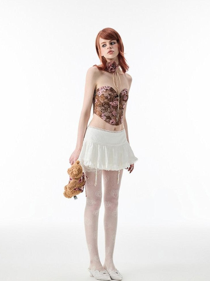 Ballet Lace Trim Pleated Mid Waist Aline Women's Tiered Skirts